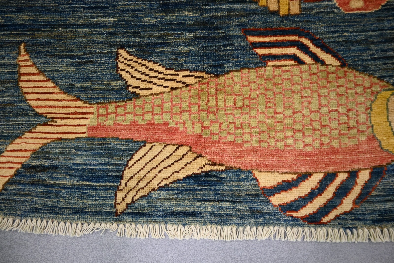 3×5 ft Blue Fish Area Rug, Hand Knotted veg dye Kids Room Rug, Wall Hanging Rug