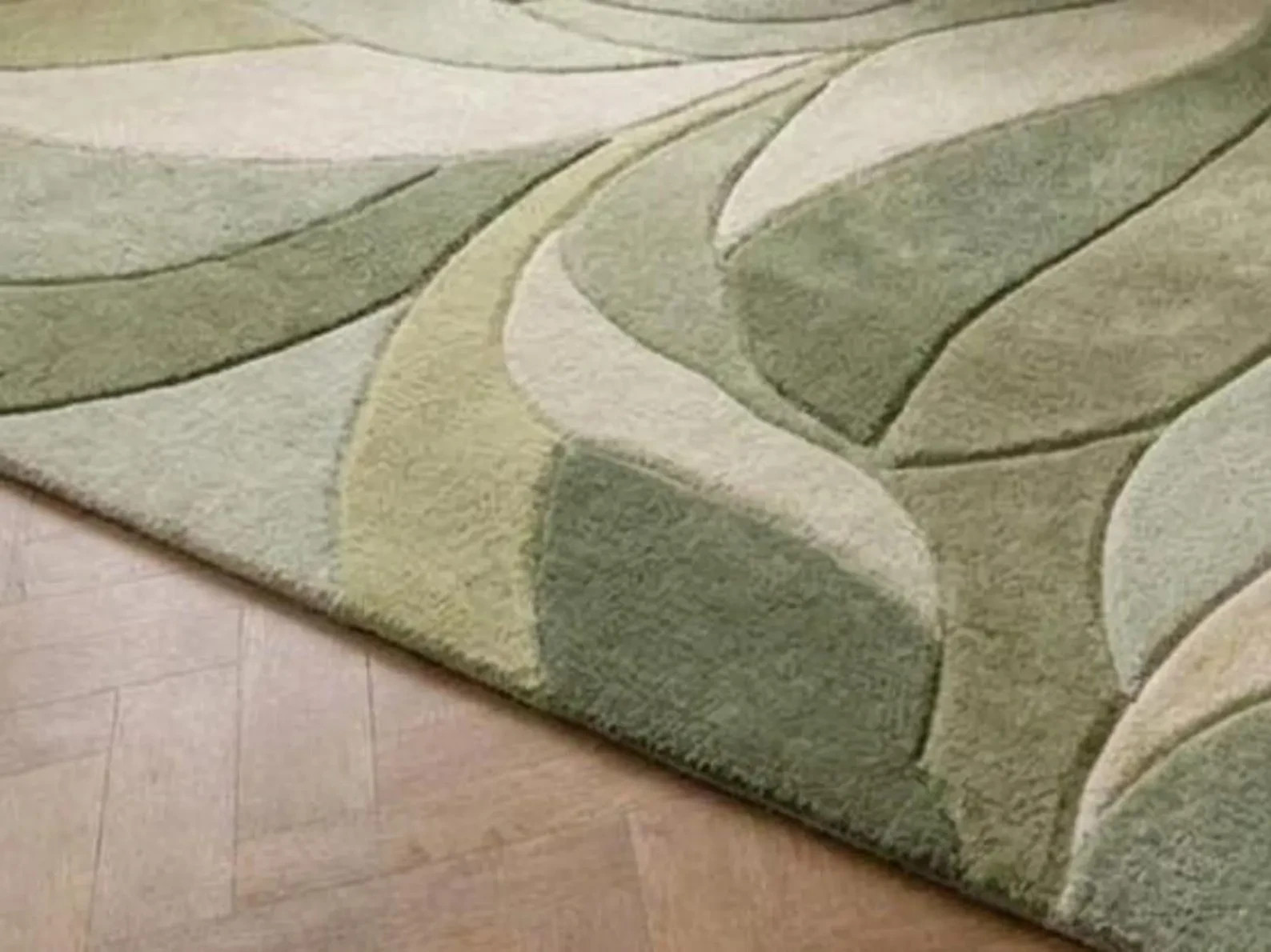 Abstract Rug, Wavy Pattern, Green & Sage Hand Tufted Wool, 3D Textured Carpet.