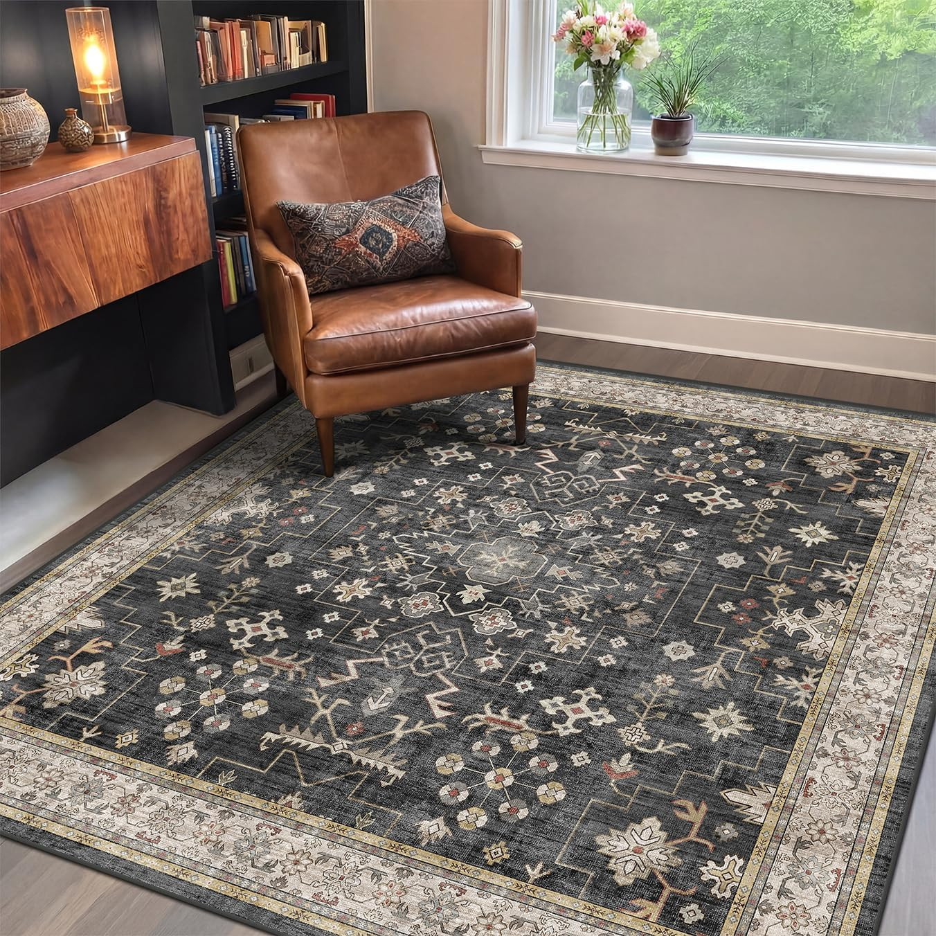 Vintage Black Floral 6X6 Washable Area Rug for Living Room & Reading Corner
