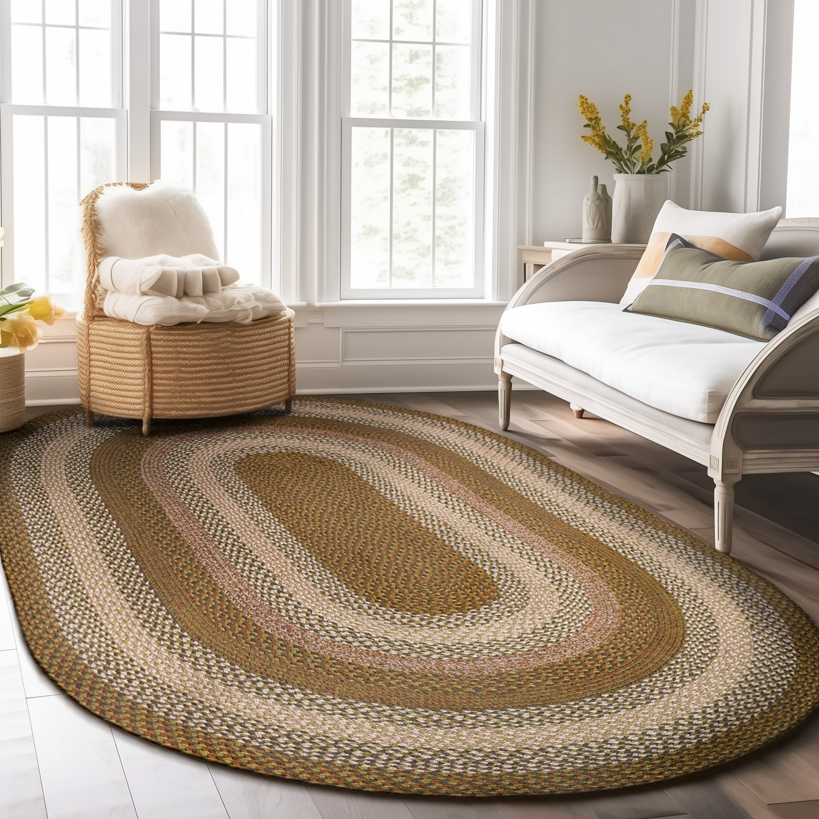 Green Braided Jute Area Rug Farmhouse / Primitive Round Runner Oval Rectangle