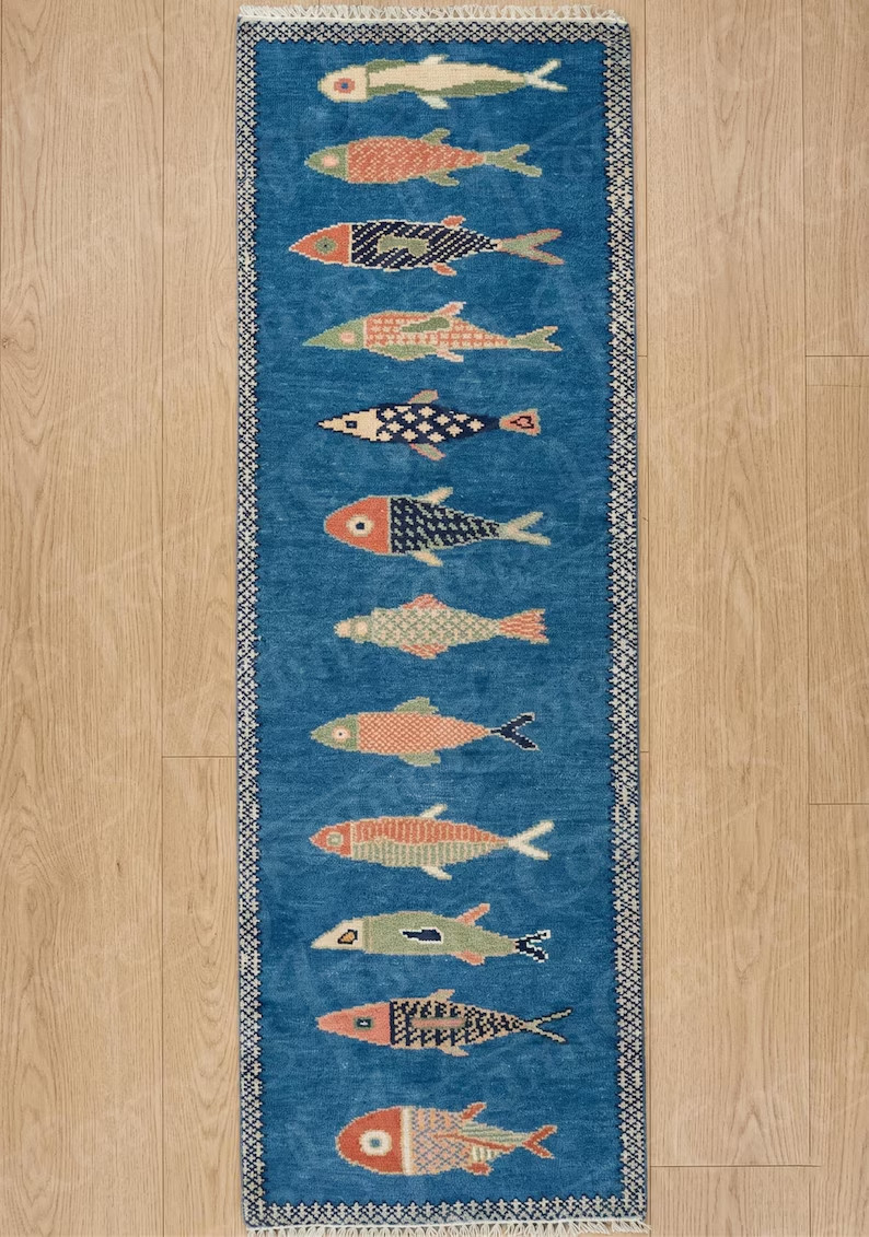 Handmade Navy Blue Fish Runner Rug, Hand Knotted Wool Coastal Hallway Runner