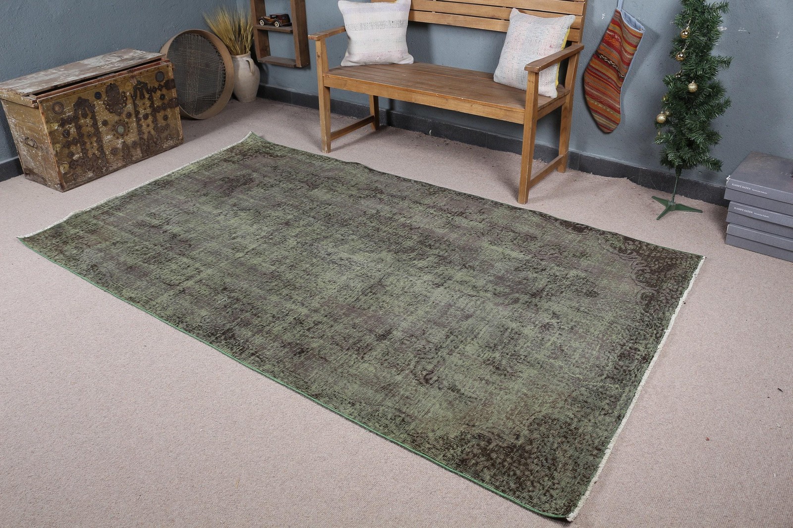Turkish Vintage Rug, 4,8×8,4 ft Rug, Green Floral Wool Rug