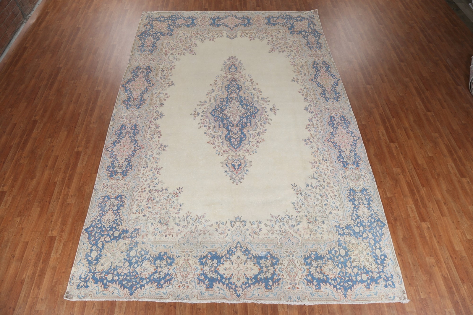 Vintage Ivory/ Blue Wool Medallion Kirman Traditional Handmade Area Rug 10×14