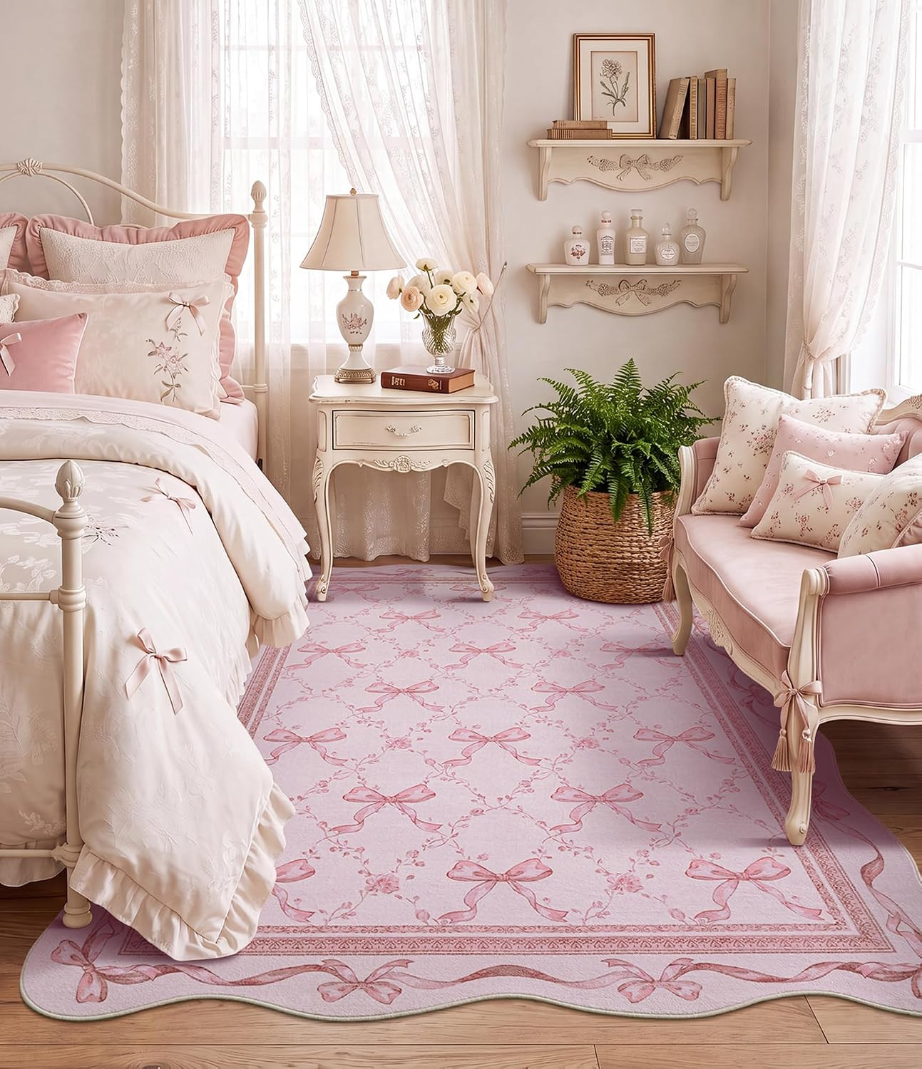 Pink Bow Entryway Rug for Girls: 3X5 Washable Floral Scalloped Rugs | Non-Slip L