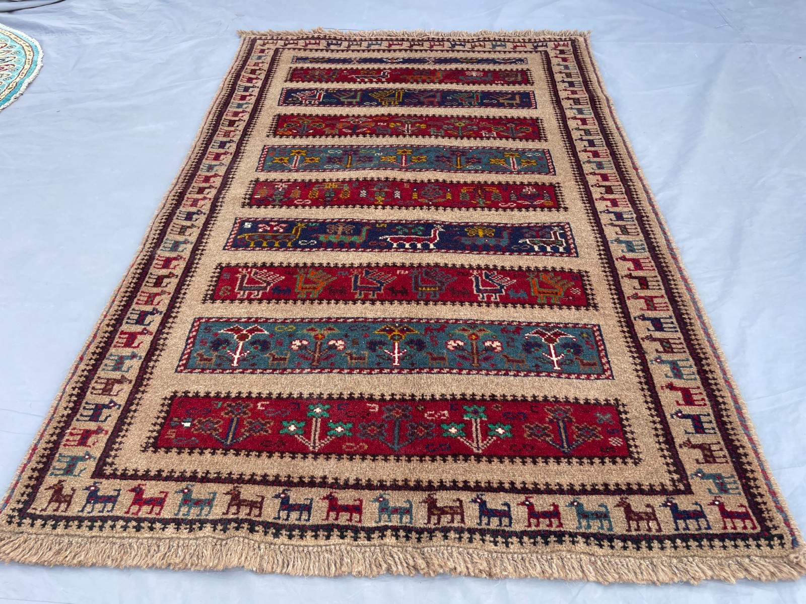 3×4 Afghan Baluchi Pictorial Rug Handmade Wool Folk Art Carpet With Animal.