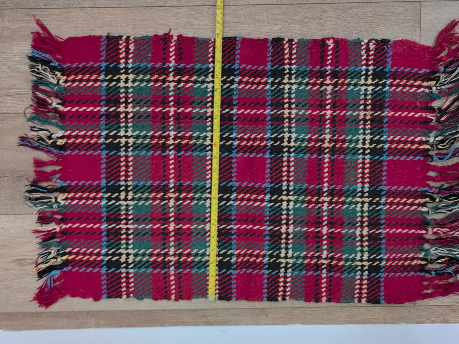 Plaid Red Green Light Blue Black And Creme Colored Throw Rug 33×20″ Cotton Blend