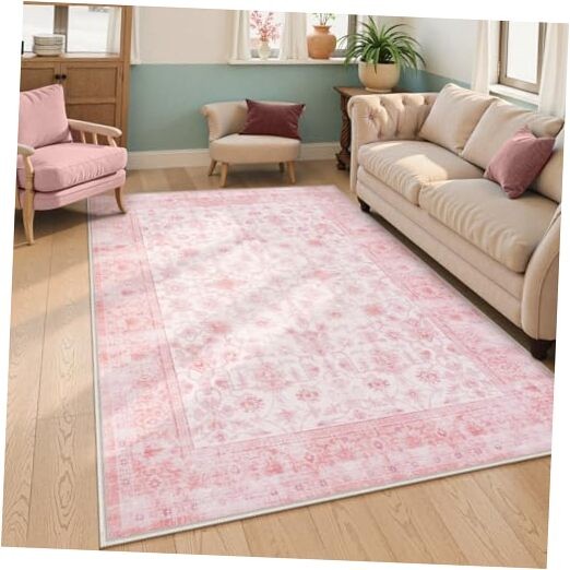 Pink Area Rug 5×7, Vintage Living Room Rug Machine Washable Area Rugs, Pink