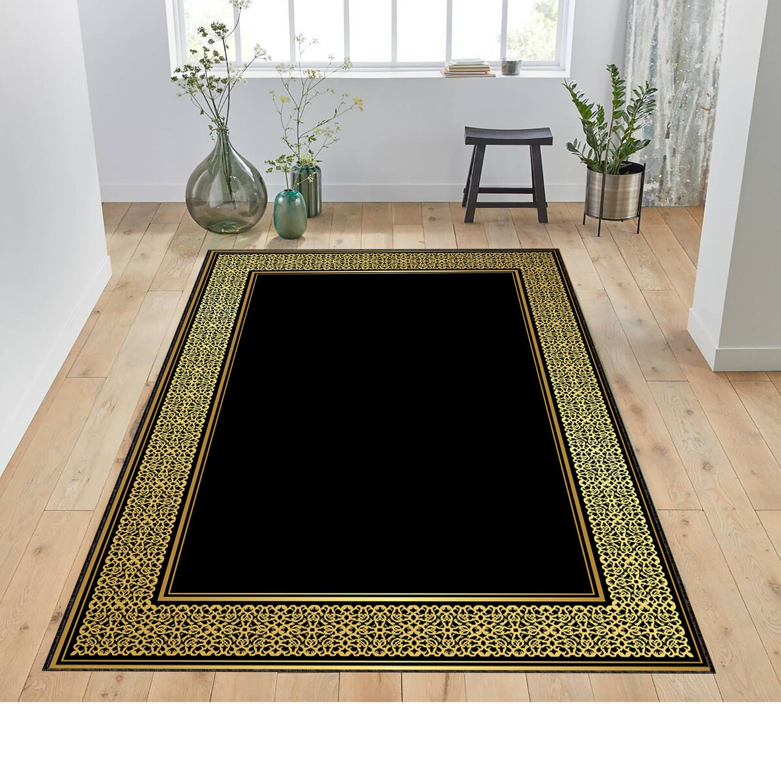 Greek Patterned Carpet, Old Fashion Rug, Black Gold Area Rug, Scandinavian Geome