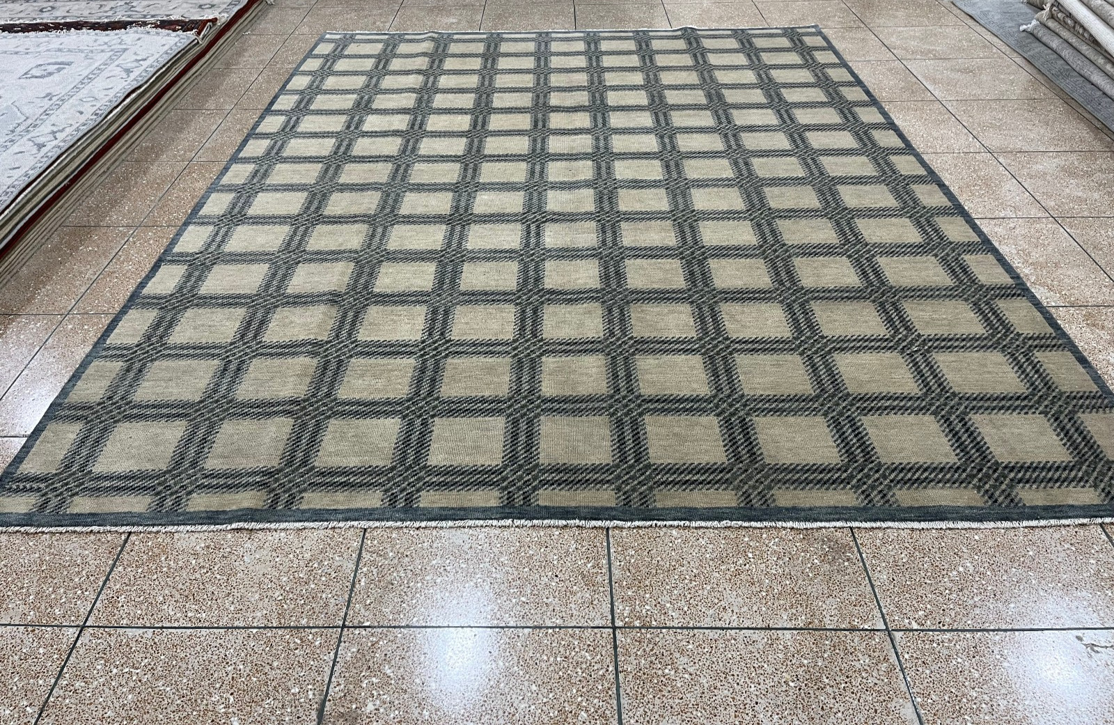 Gray Beige Hand Knotted Geometric Rug Carpet Living Room Bedroom All Sizes