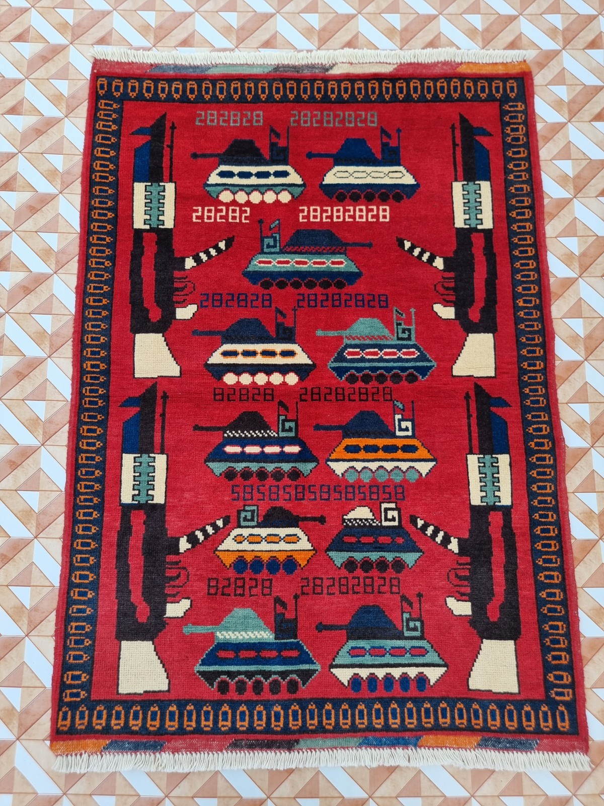Afghan War Rug Handmade Wool Military Tank Carpet Red Tribal knotted war Art