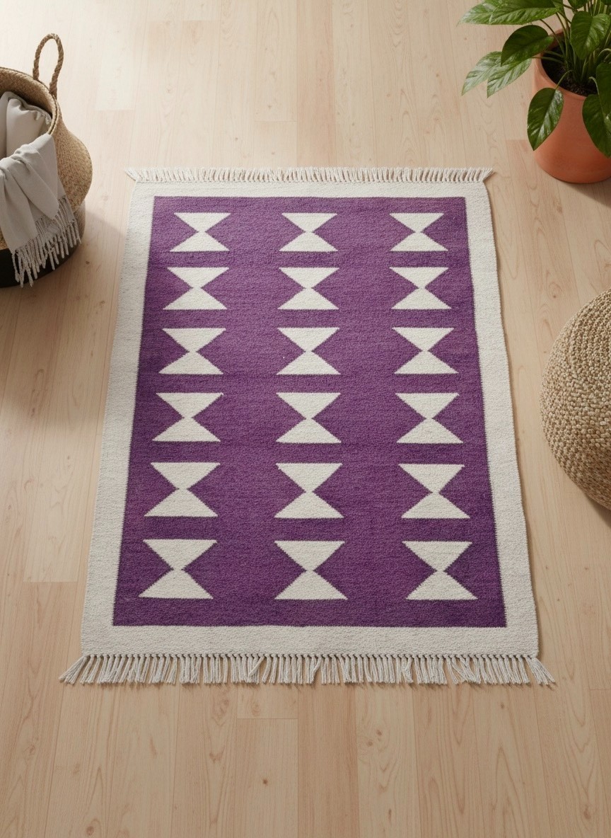 Geometric Boho Dhurrie Rug 2×3 ft (24×36 in / 61×91 cm) Handwoven Wool Cotton