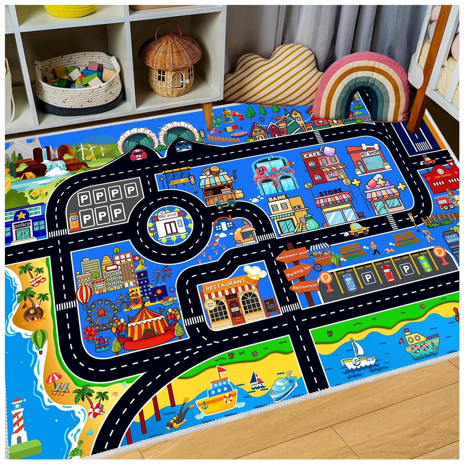 Kids Car Rug 79”x118”Play Mat Carpet for Cars Toys, Educational Road Traffi…
