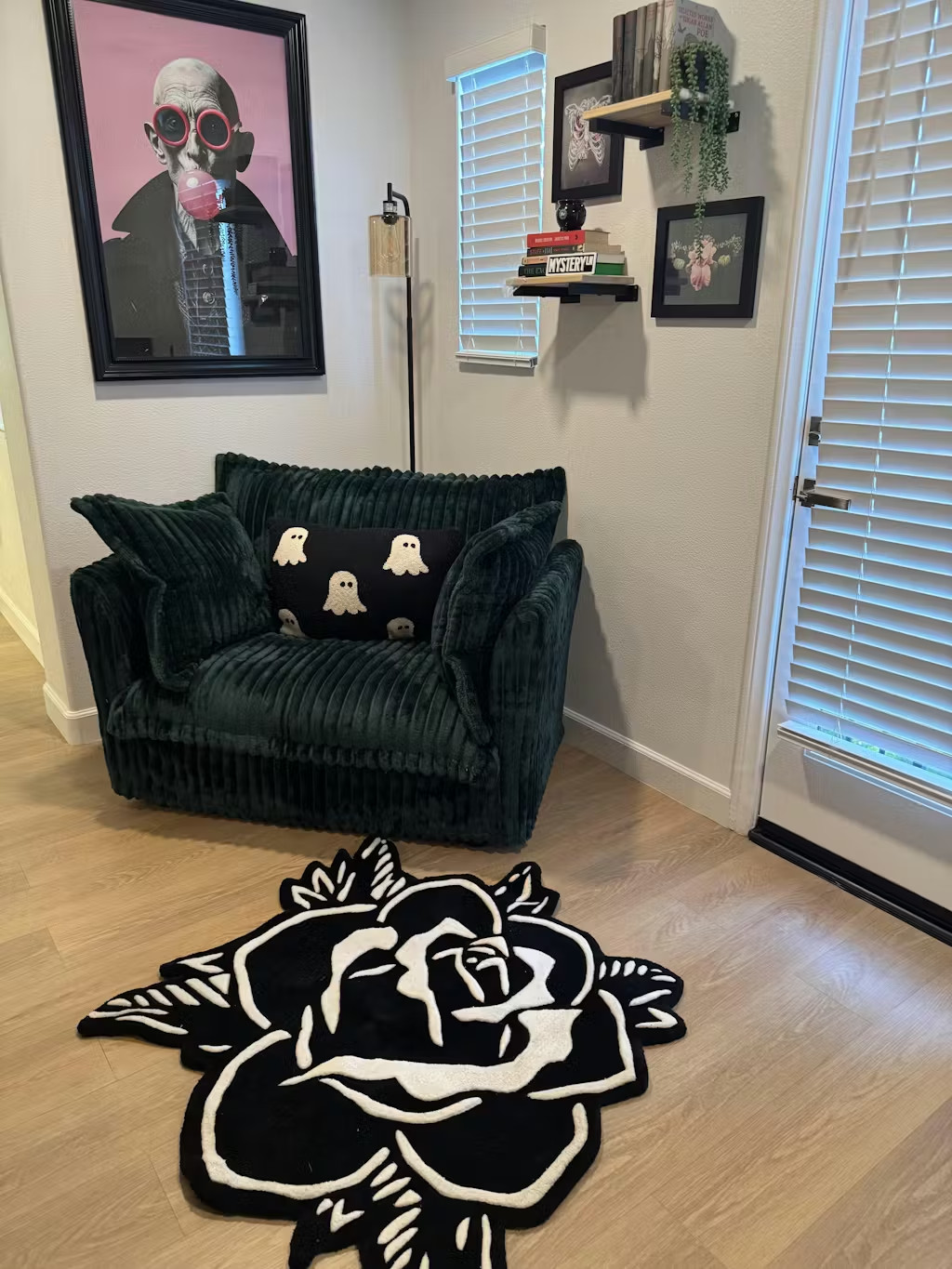 Blackwork Rose Tattoo Rug, Gothic Floral Decor, Hand Tufted Wool Area Rug