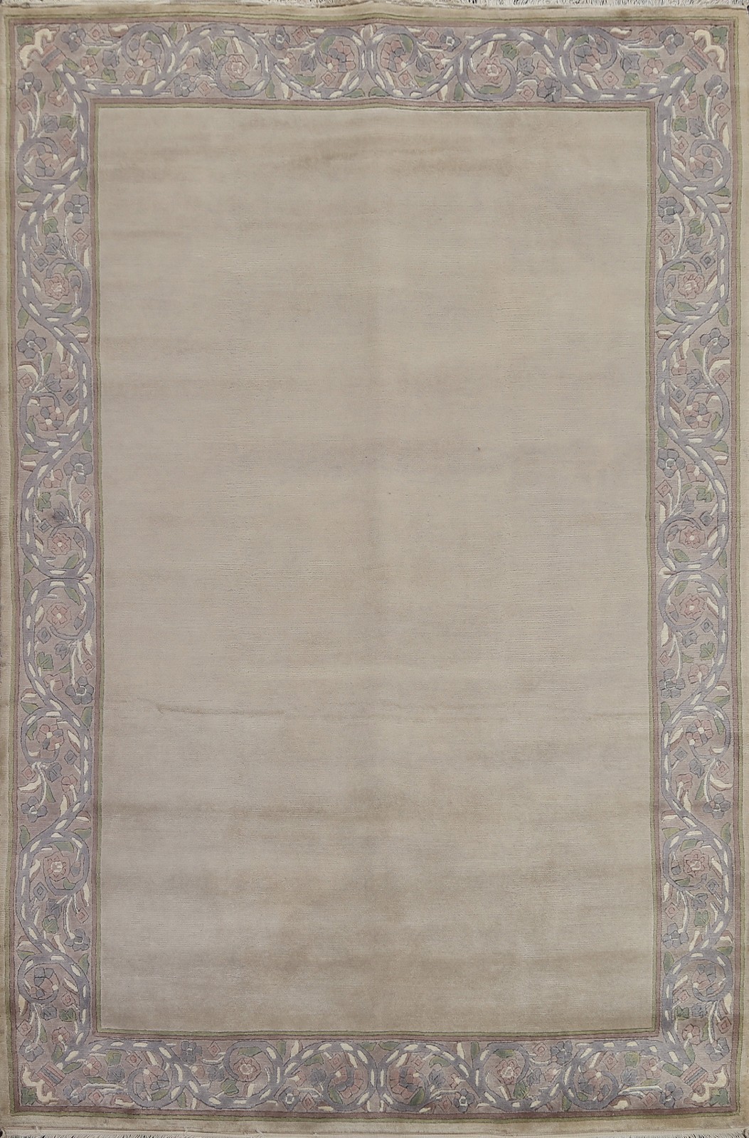 Hand-Knotted Beige Wool Nepalese Area Rug 5×8 Bordered Lilac Floral Pattern