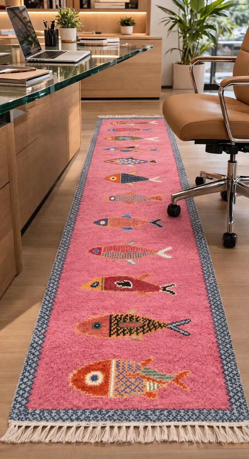 Handwoven Runner Wool Kilim Rug Color Pink Multi Design Carpet Rug