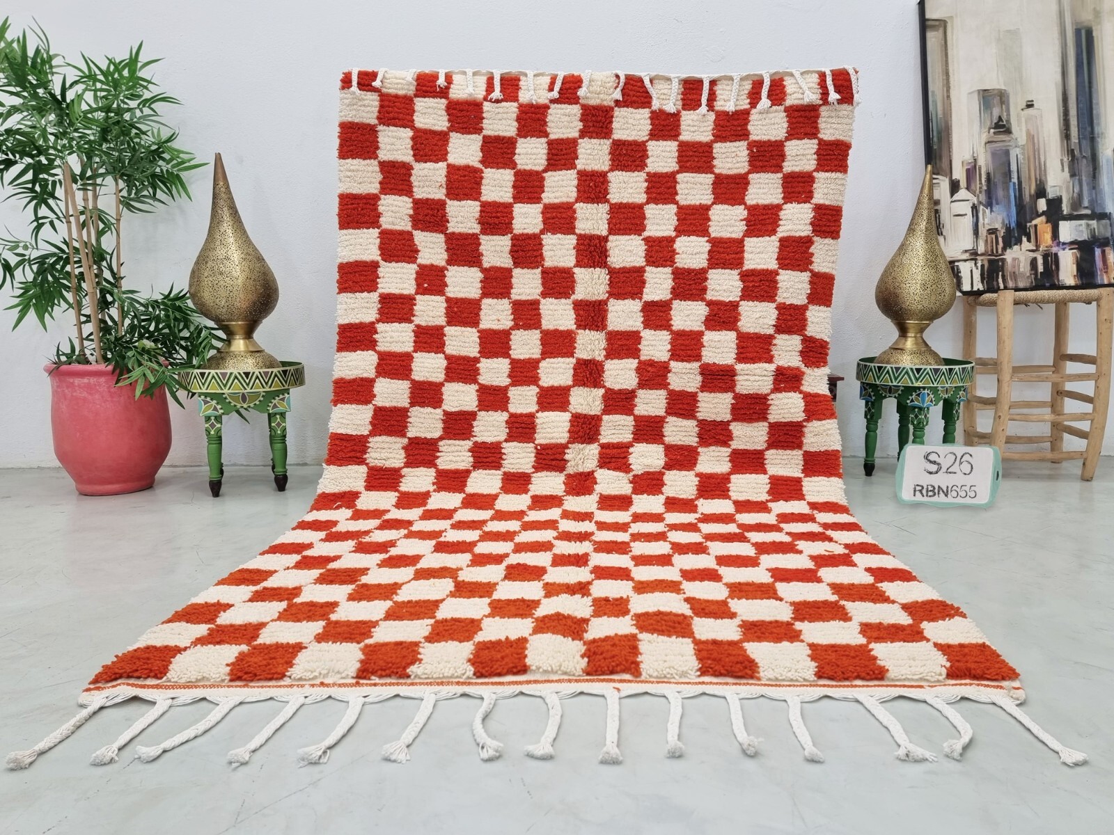 Moroccan Handmade BeniOurain Rug5’3×8’7 Berber Checkered Orange & White Wool Rug