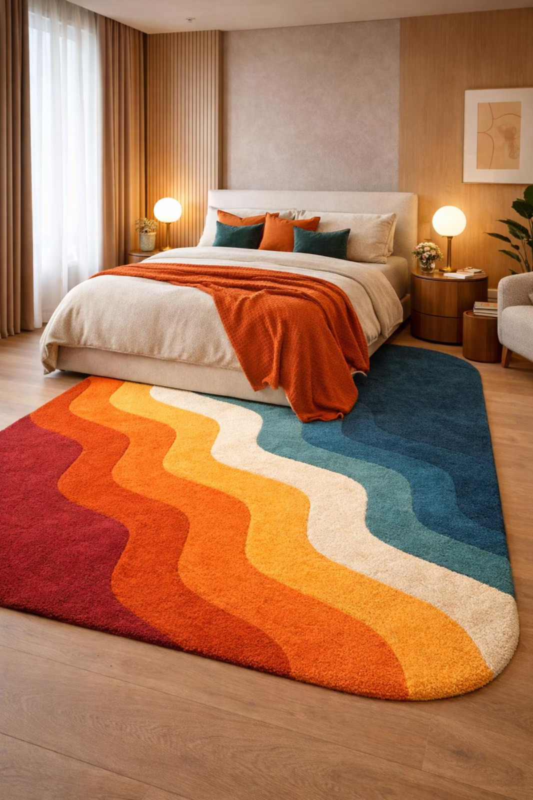 Hand Tufted Rug 100% New Zealand Wool Abstract Wavy Retro Rug Multicolor Carpet
