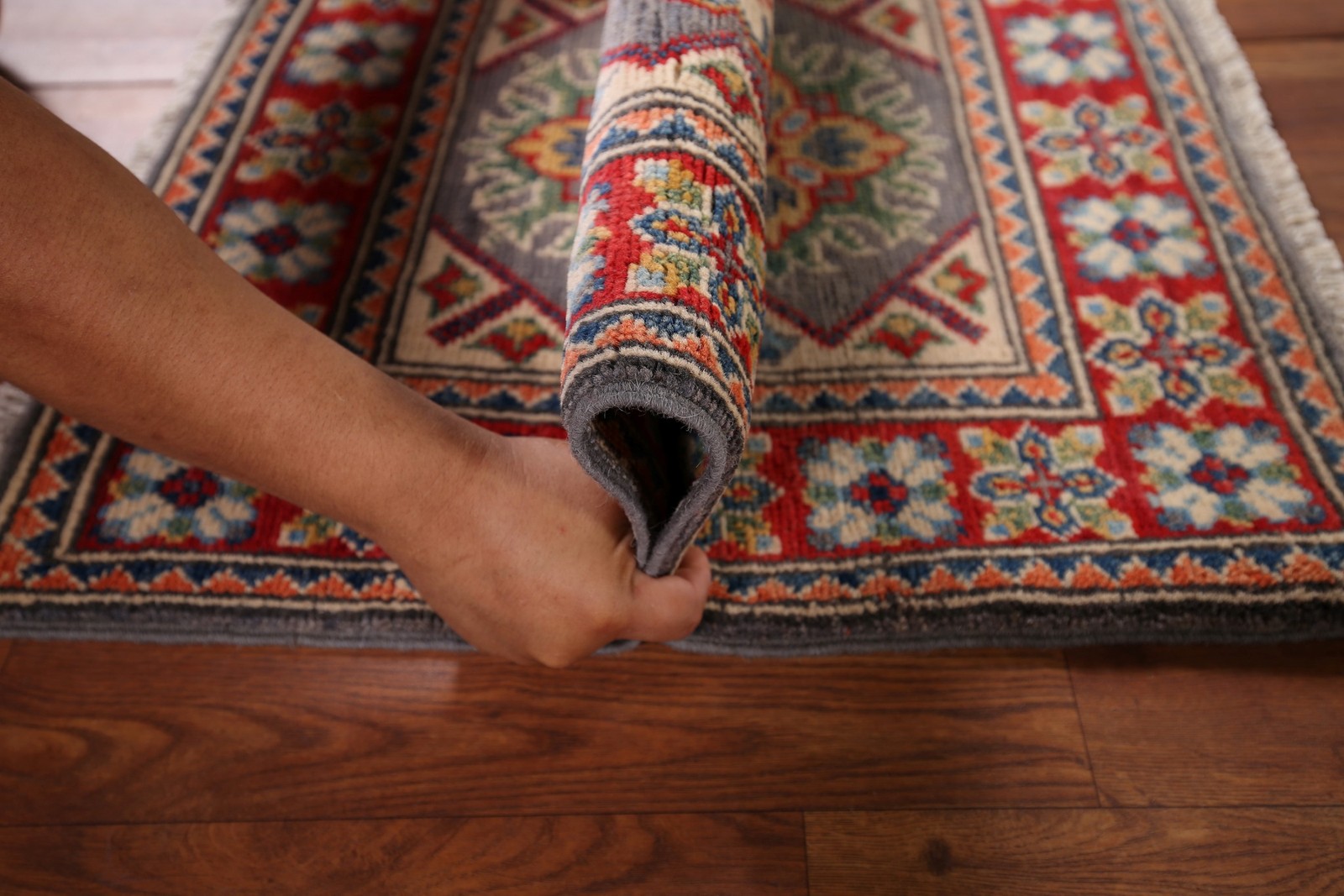 Gray Kazak Accent Rug 2×3 Hand-knotted Wool Geometric Oriental Carpet for Foyer