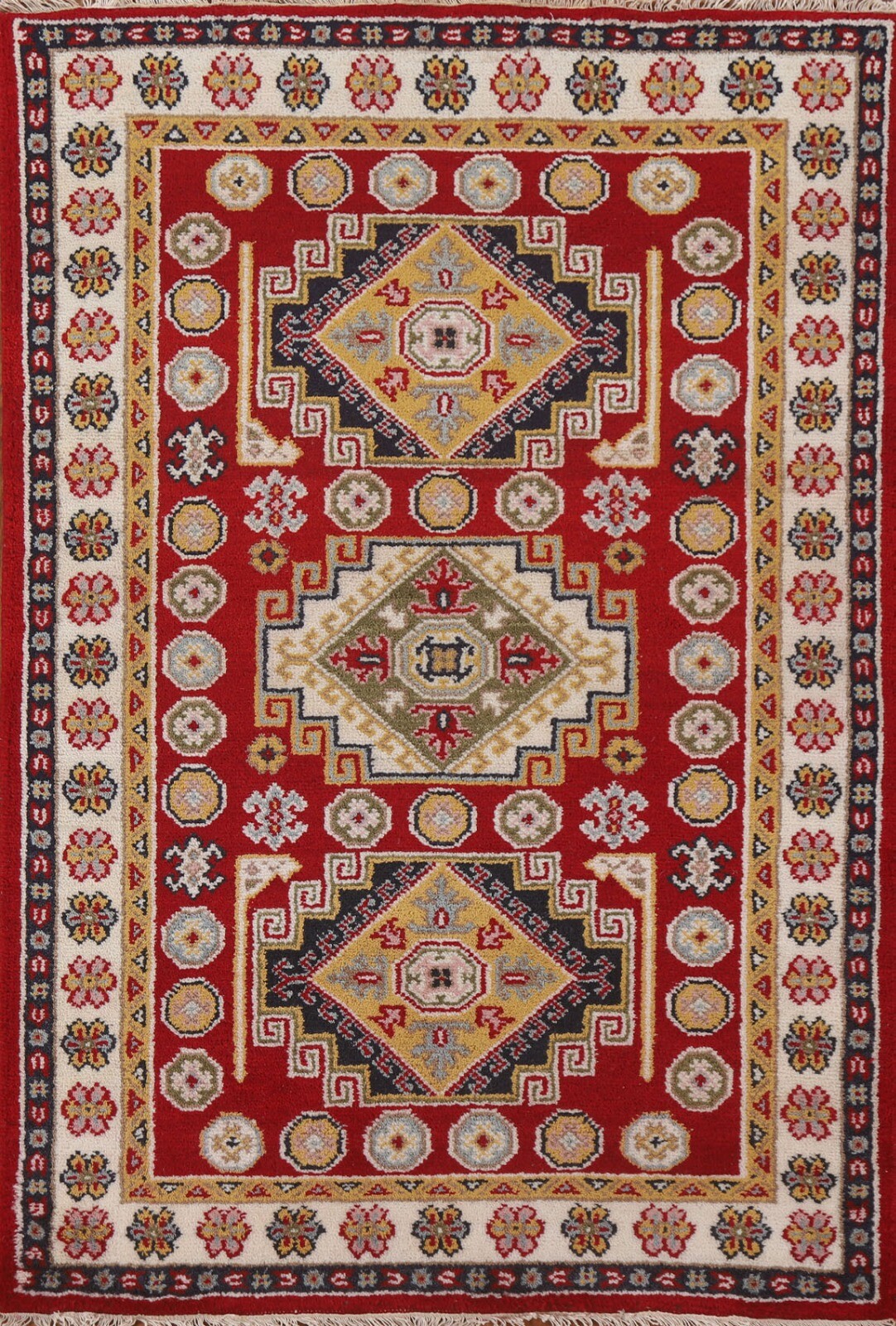 Geometric South-west Design Deep Red 4×6 ft. Kazak Indian Rug Thick Plush Rug