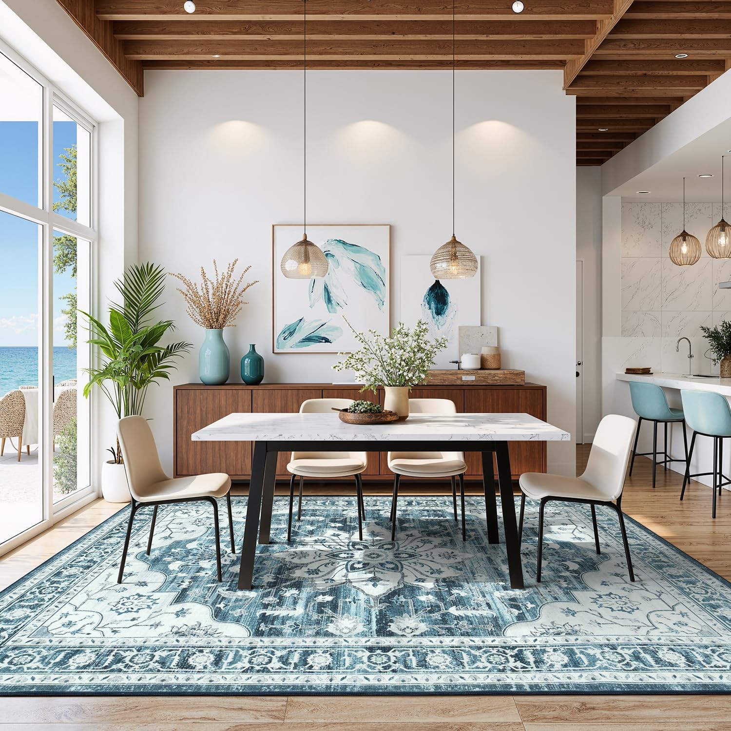 5×7 Coastal Blue White Area Rugs for Living Room – Vintage Boho Medallion Aes…