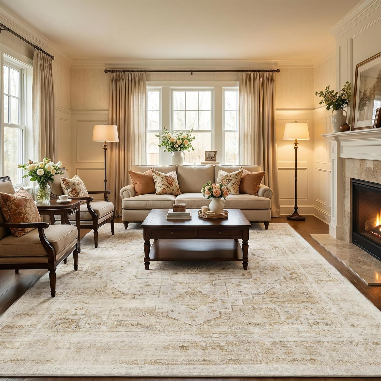 Beige 9×12 Washable Vintage Area Rug – Soft Non-Slip Retro Carpet for Home