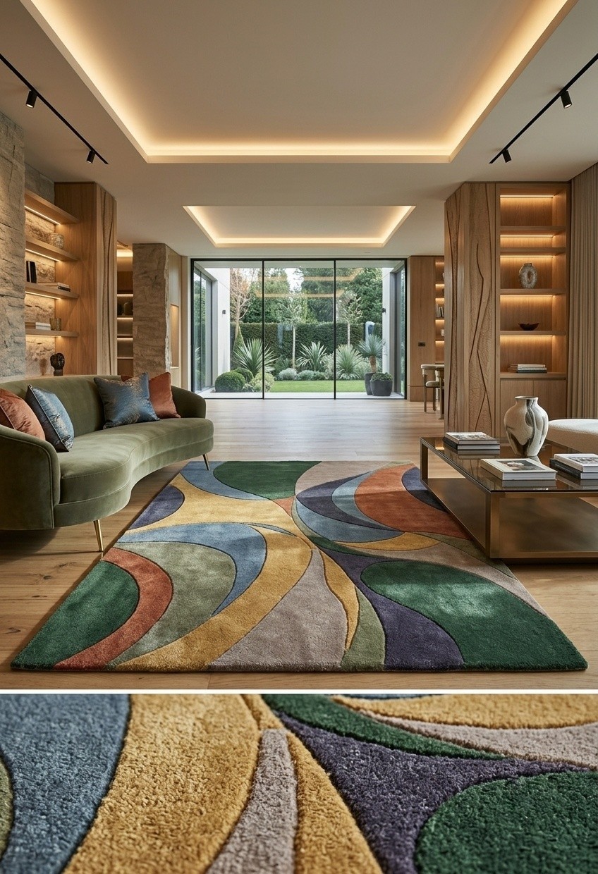 Modern Abstract Hand Tufted Wool Area Rug Green Rust Blue Beige Custom Rug