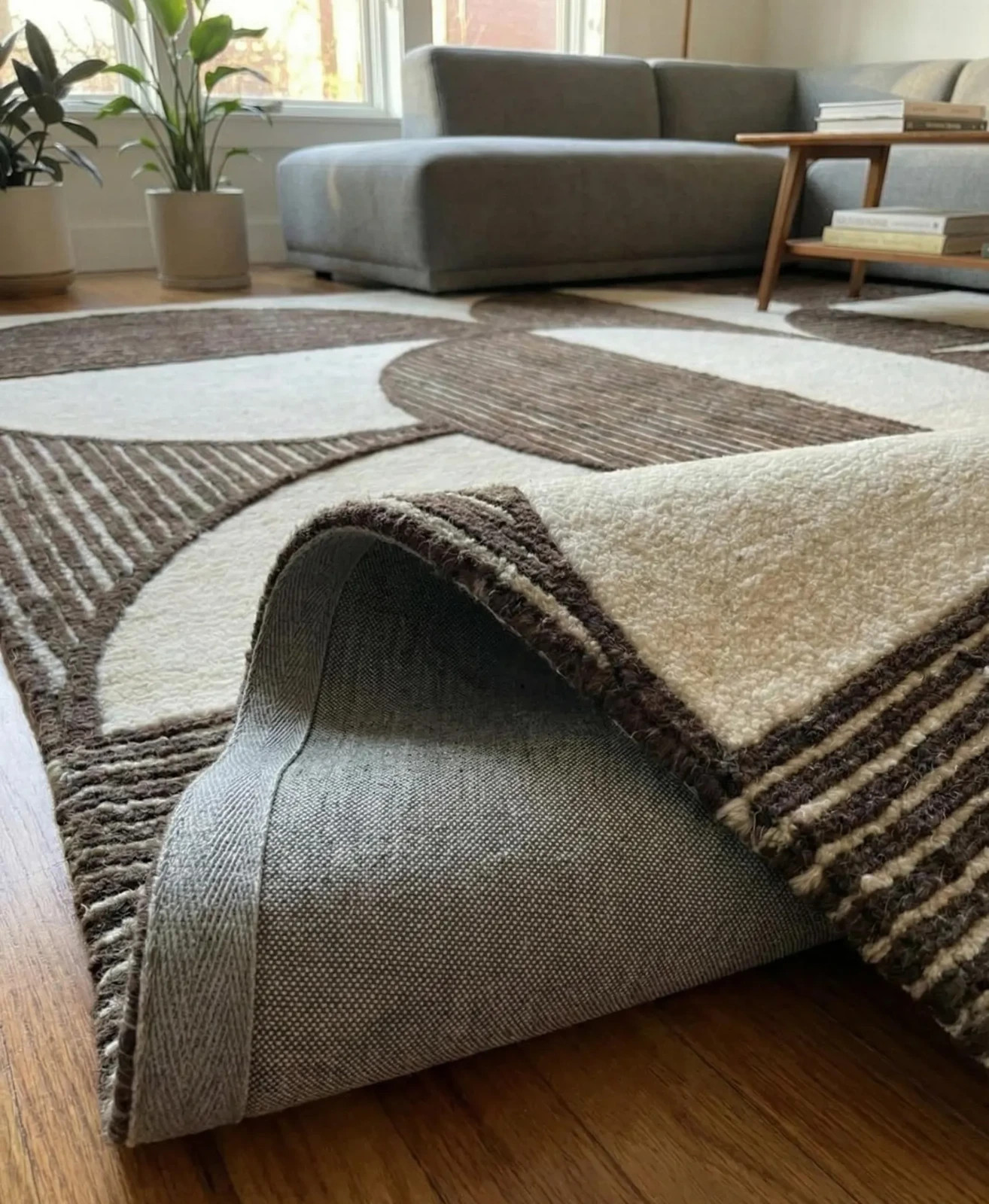 Modern Brown Cream Geometric Area Rug 8×10, Handmade Tufted Living Room Rug