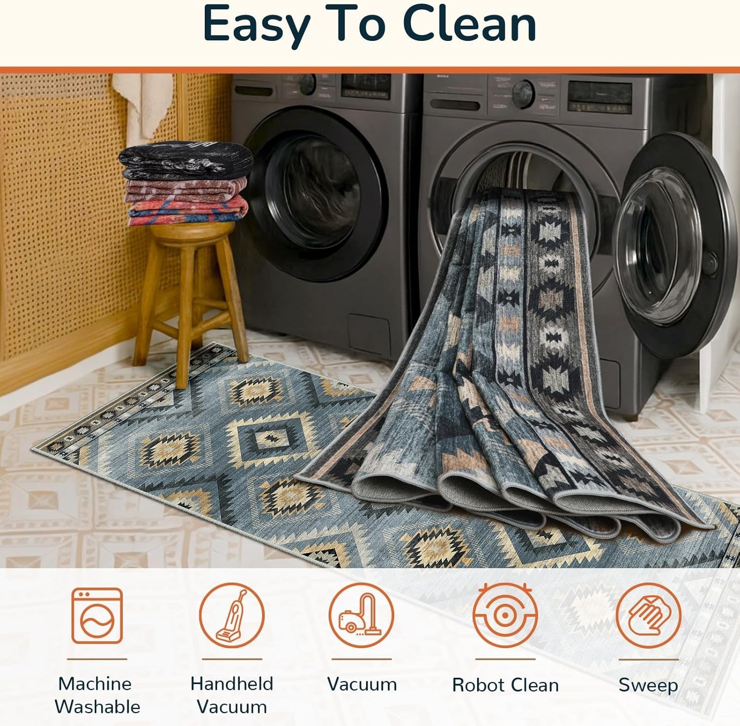5×7 Machine Washable Tribal Western Print Rug – Non-Slip & Pet Friendly