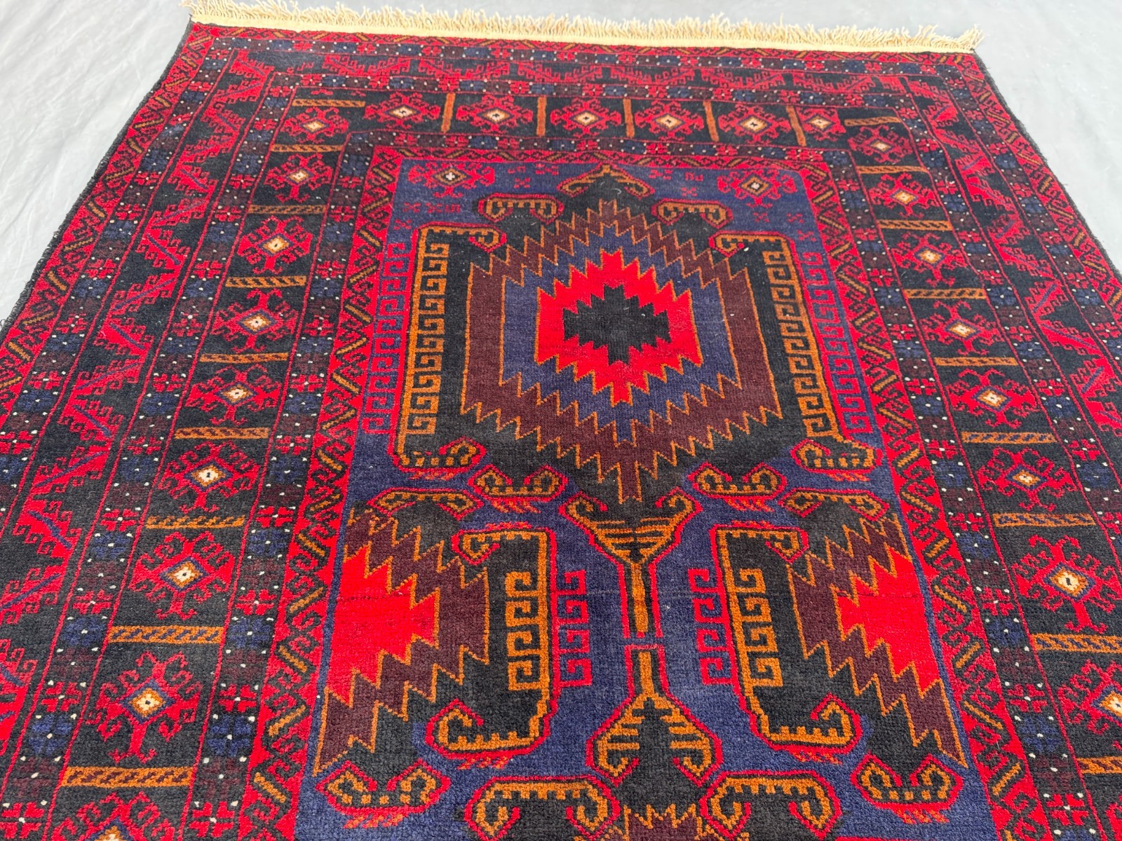 4’6 x 9’3 Ft Dramatic Afghan Tribal Wool Rug Red Navy Carpet With Bold Medallion