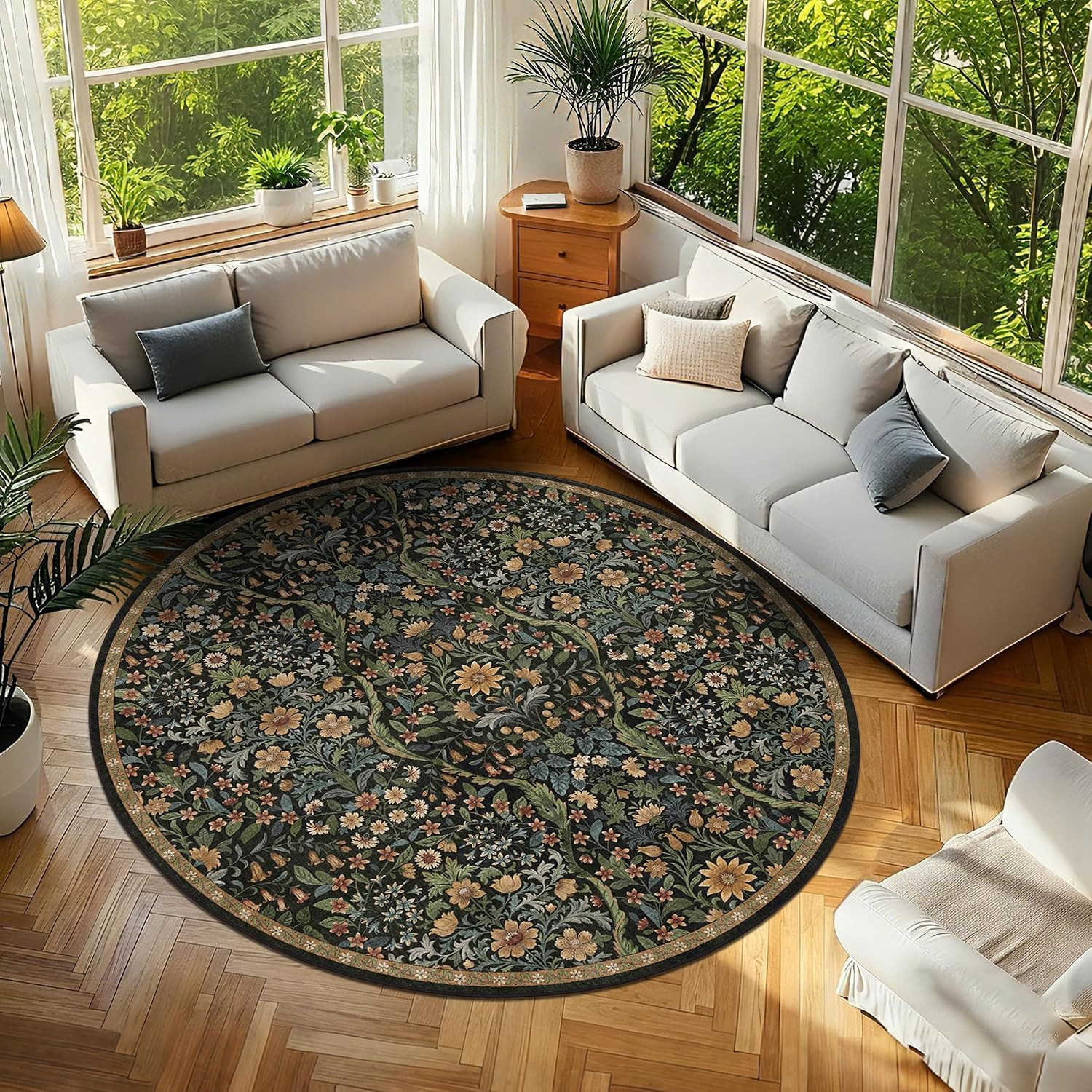 5×7 Dark Green Washable Floral Area Rug,Vintage Boho Soft Low-Pile Living Room R