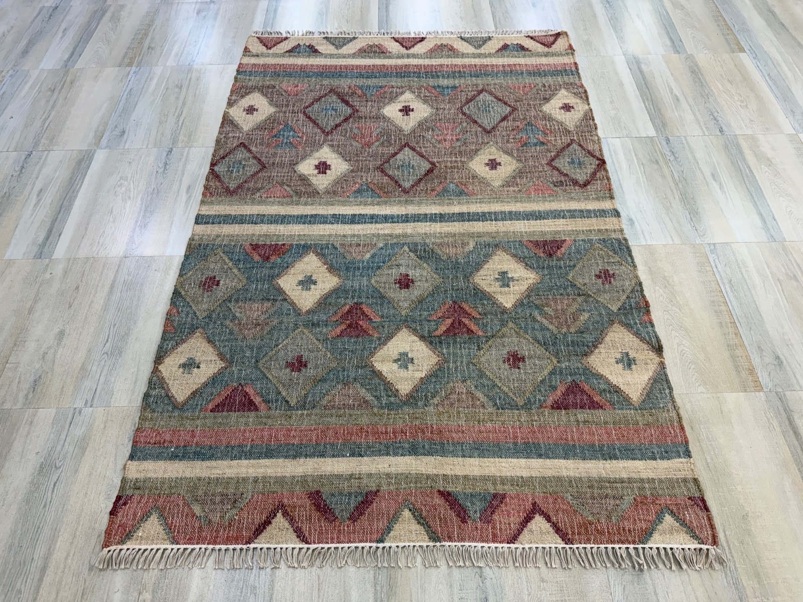 Natural Jute Tribal Handwoven Area Rug Teal Rust Geometric Pattern Kilim 5×8 ft