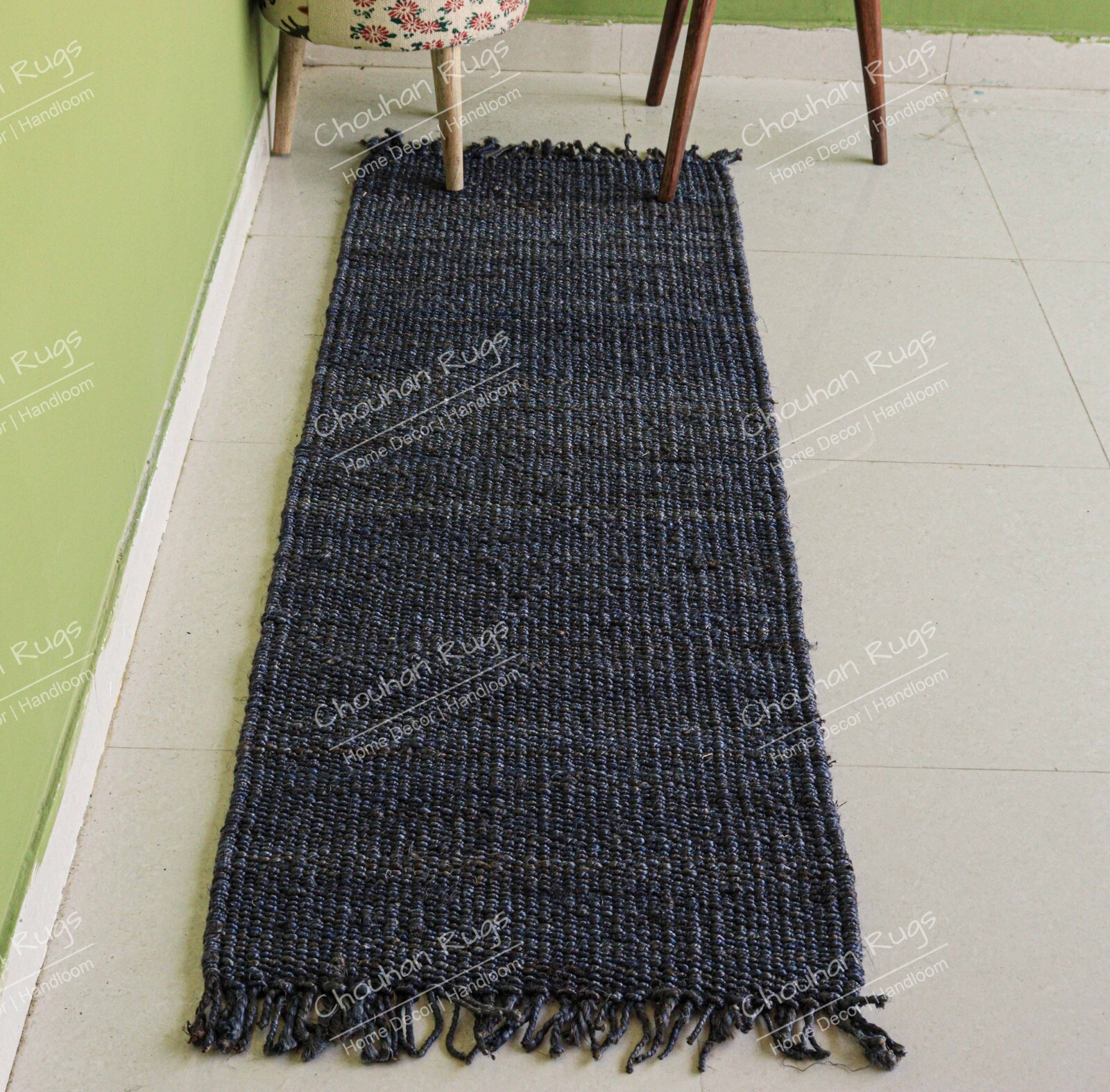 Hand loom Navy Blue Color Hemp Jute Runner Rug Vintage Dhurrie Rug For Yoga Mat