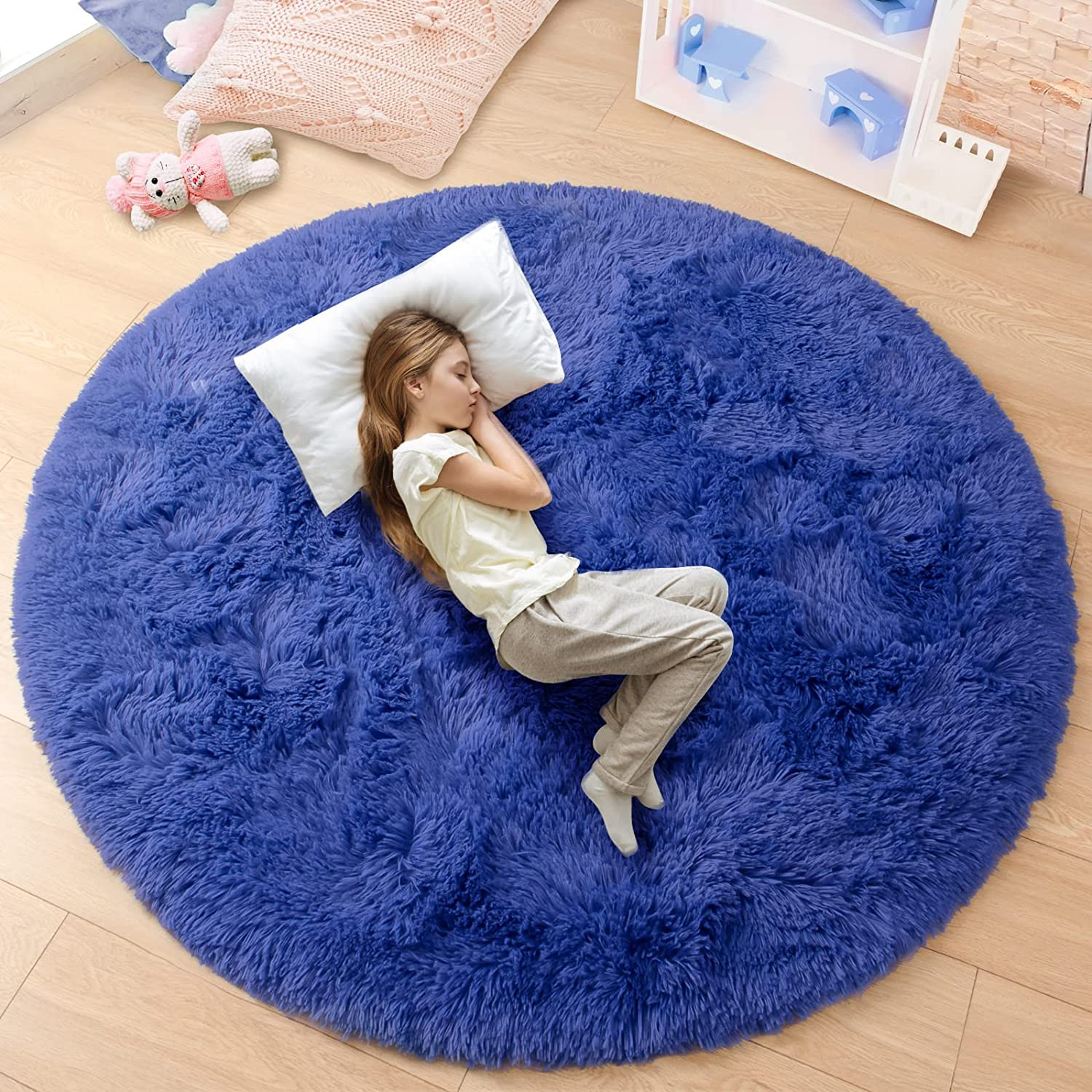 round Rug 5X5 Feet Fluffy Soft Area Rugs for Kids Girls Room Princess Castle Plu