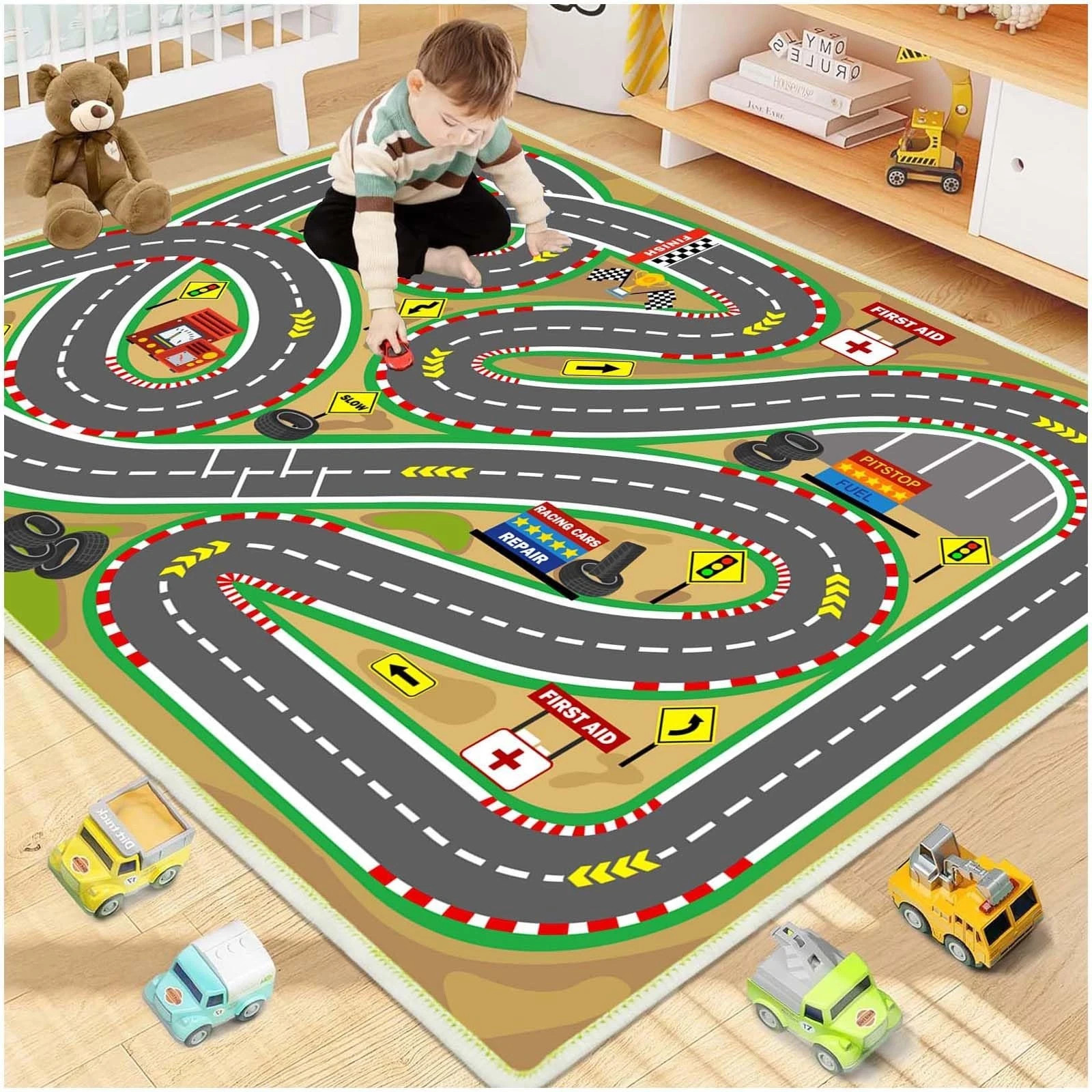Kids Rug Race Track Play mat Playroom Car Rugs for 2.6×3.9ft, Race-green