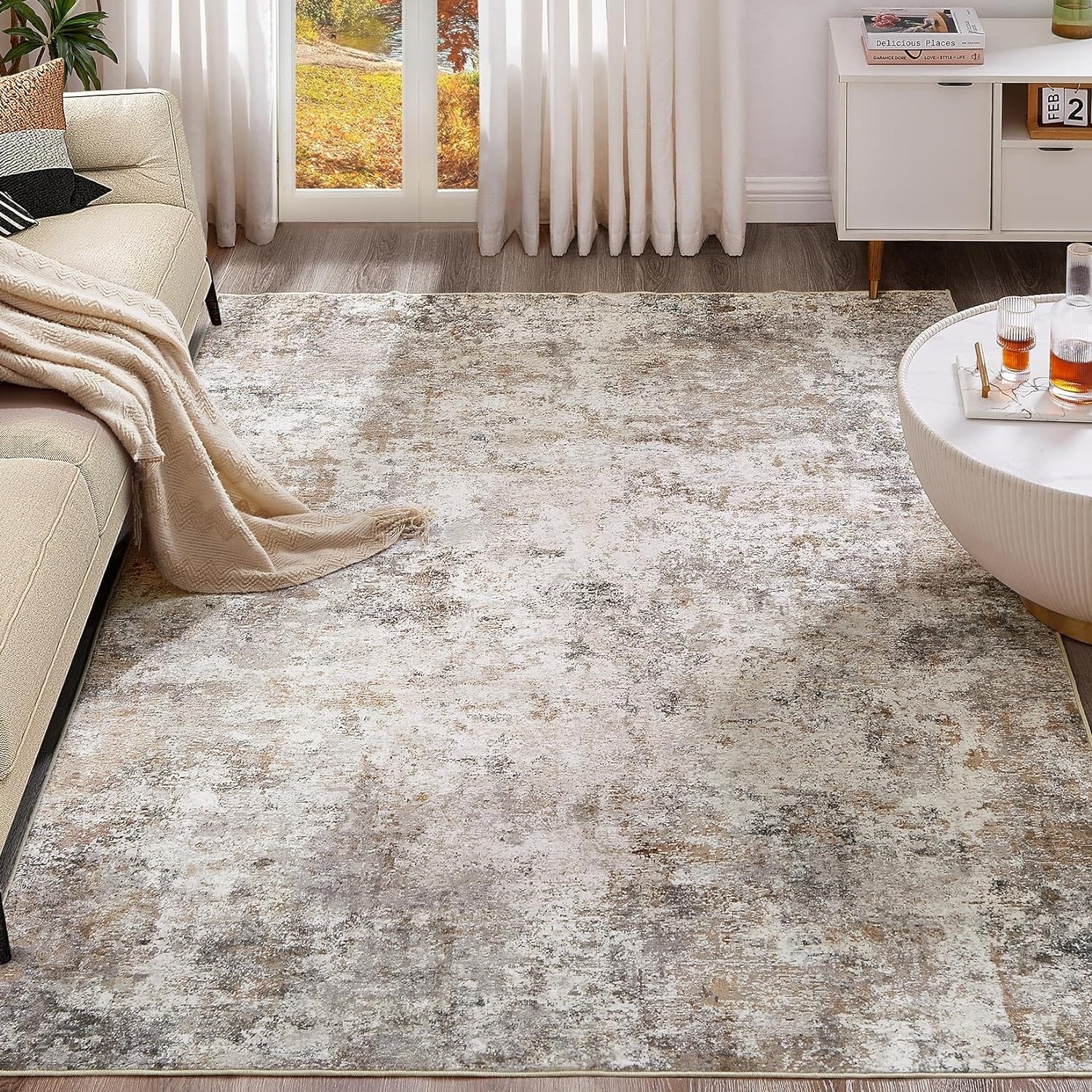 Soft Low Pile 5×7 Area Rug – Durable Non-Slip Abstract Design for Living Room