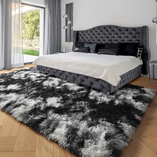 9×12 Area Rugs Living Room, 9′ x 12′ (Rectangular) Tie Dyed-black White Grey