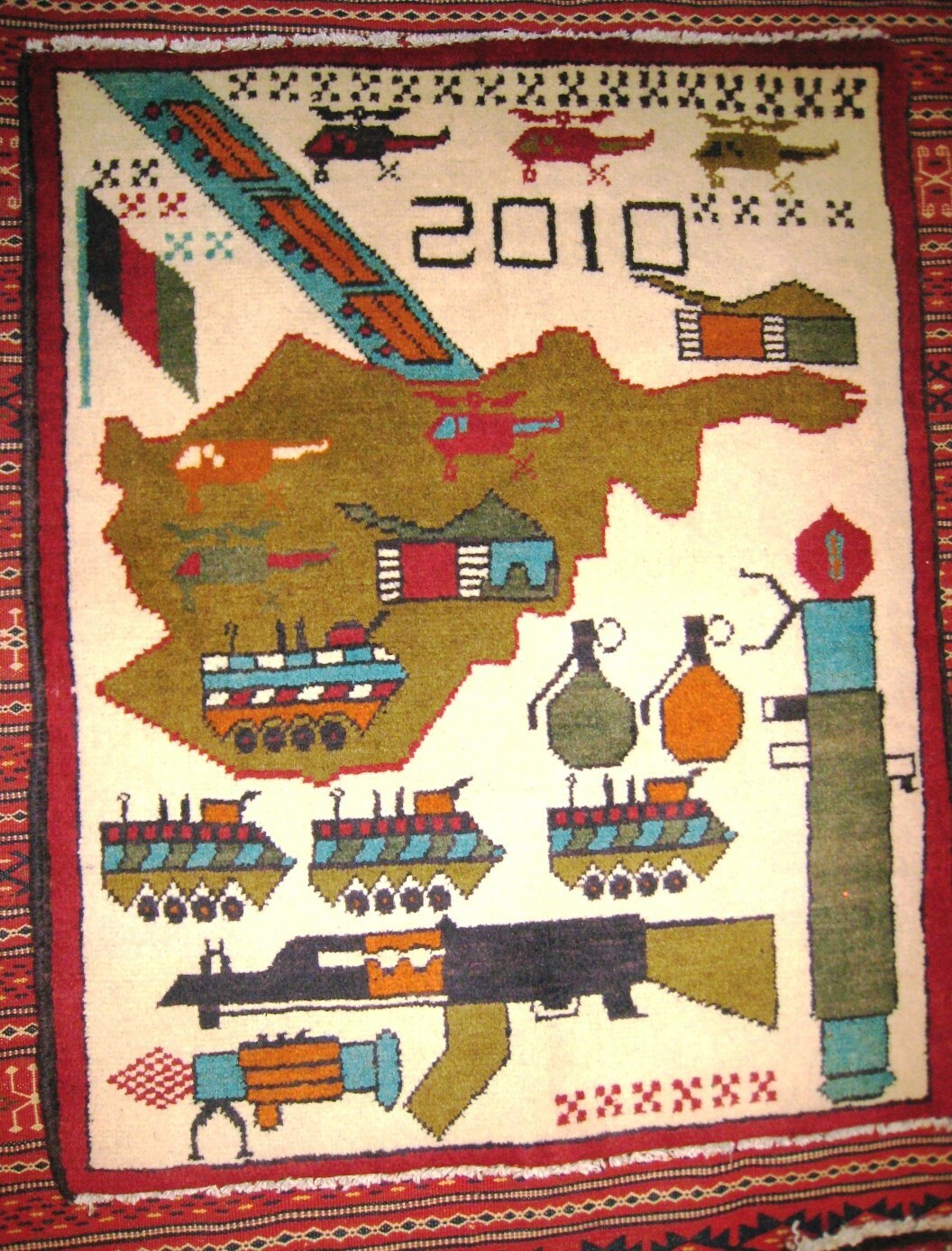 AFGHAN WAR RUG TRIBAL AK47 KALASHNIKOV GUN RPG GRENADES 2X3 PICTORIAL BATTLE NEW