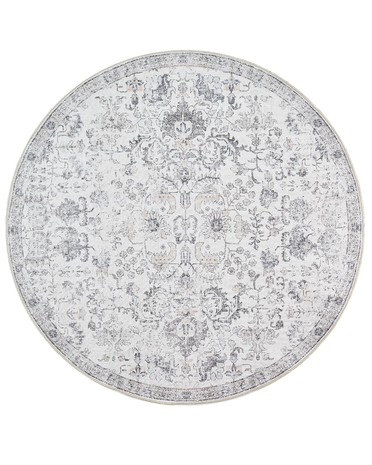 8ft Vintage Floral Round Rug, Circle Washable Rug, Grey