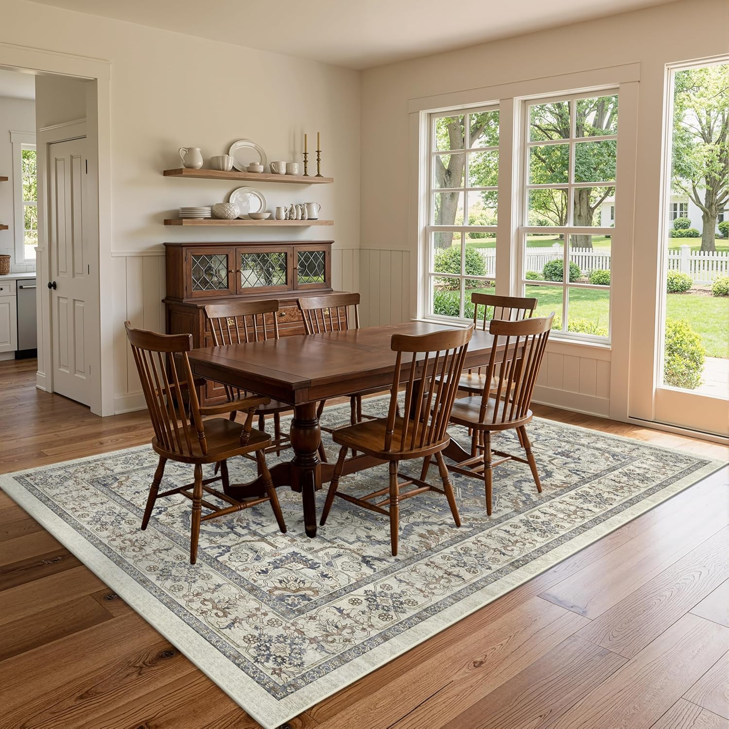 Beige 5X7 Washable Area Rug, Non-Slip Soft Ultra-Thin Polyester Carpet with Vint