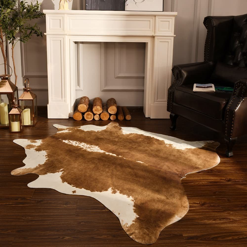 BENRON Faux Cowhide Rug, Cow Print Rug for 4’7″ x 5’2″ (Irregular), Caramel
