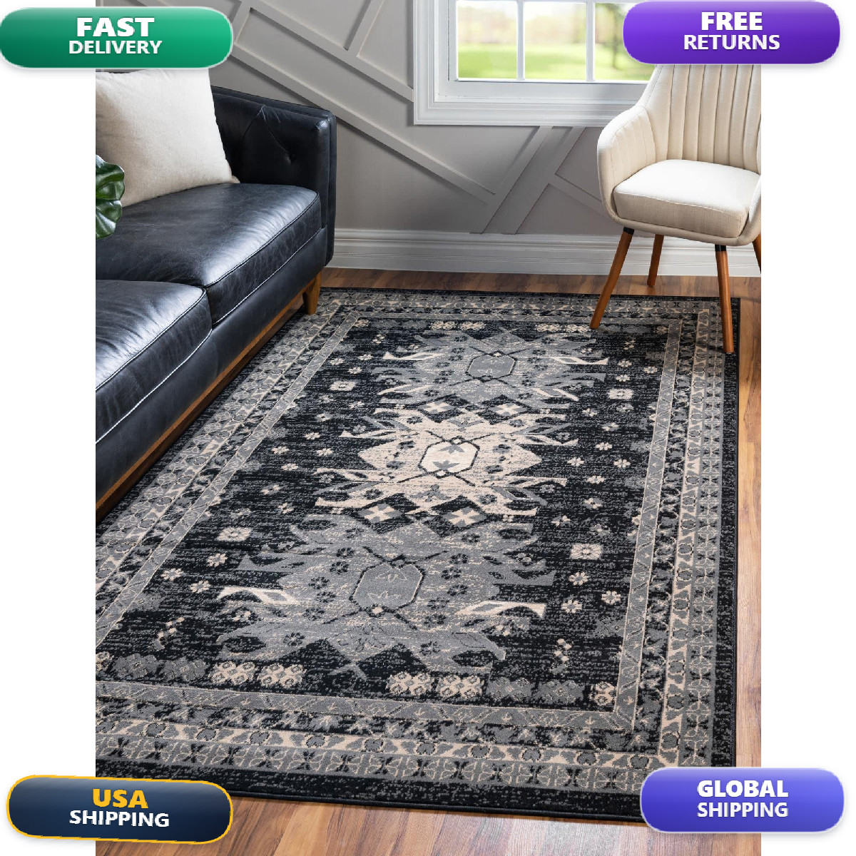 Unique Loom Taftan Collection Border Geometric Tribal Inspired Design Area Rug