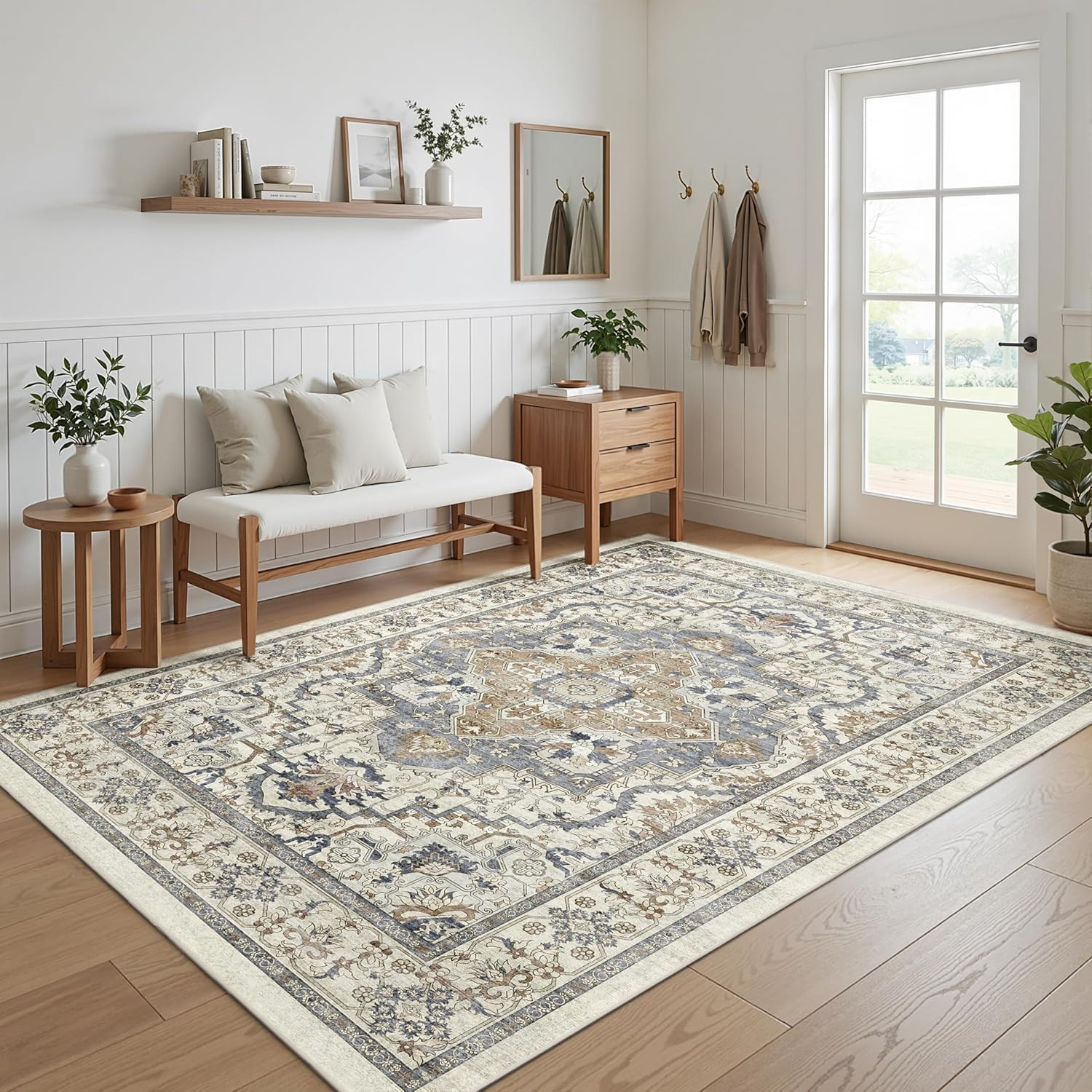 Beige 5X7 Washable Area Rug, Non-Slip Soft Ultra-Thin Polyester Carpet with Vint