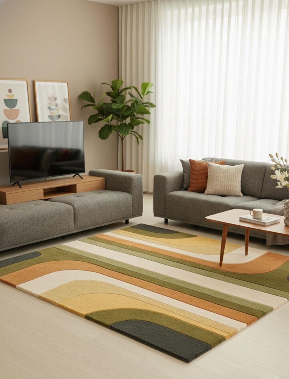Hand Tufted Retro Geometric Wool Rug Modern Rugs in Mustard & Rust Area Rug.