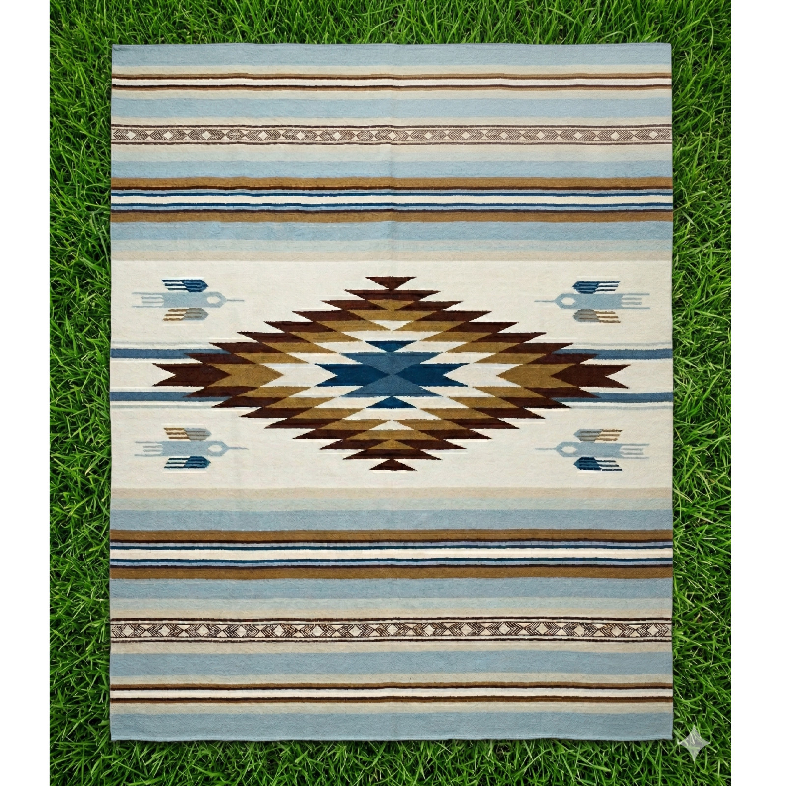 Navajo Style Wool Area Rug Blue Brown Diamond Eye of God Tribal Flatweave 10×14