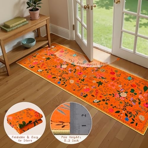 Floral Kitchen Rugs 2×6, Washable Boho Flower Area Rug, Non 2ftx6ft Orange Red