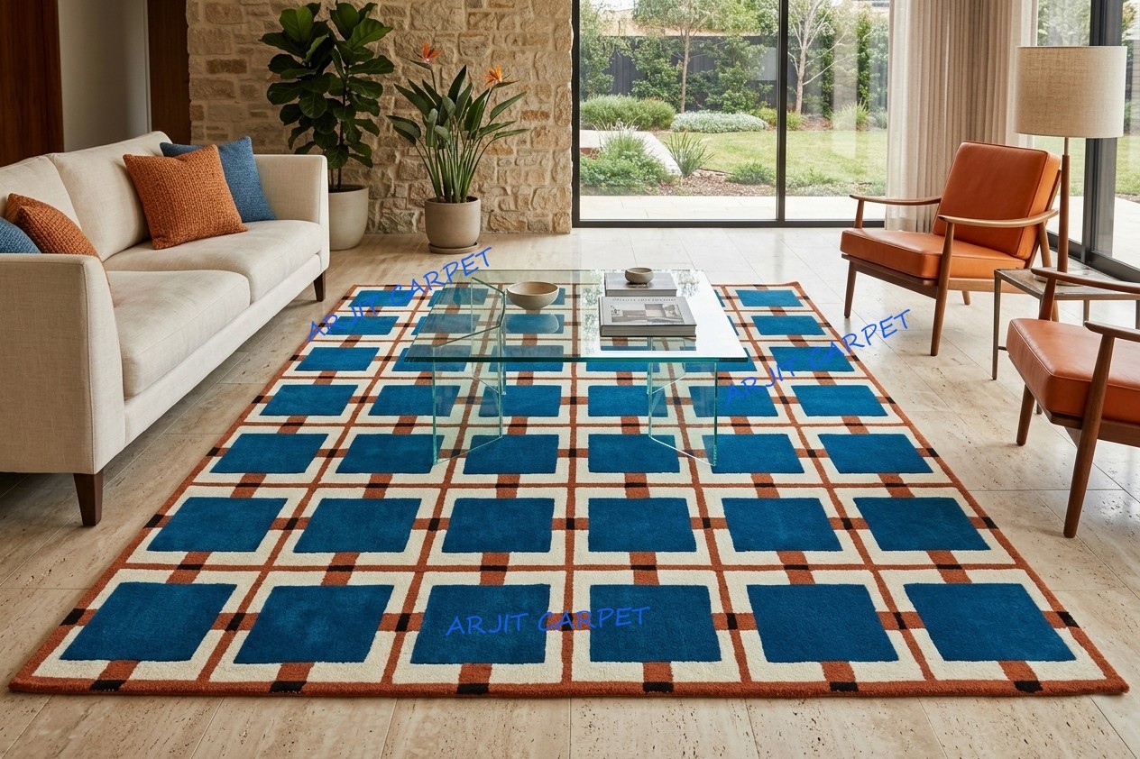 Modern Geometric Hand-Tufted Wool Rug – Bold Grid Pattern Area Living Room