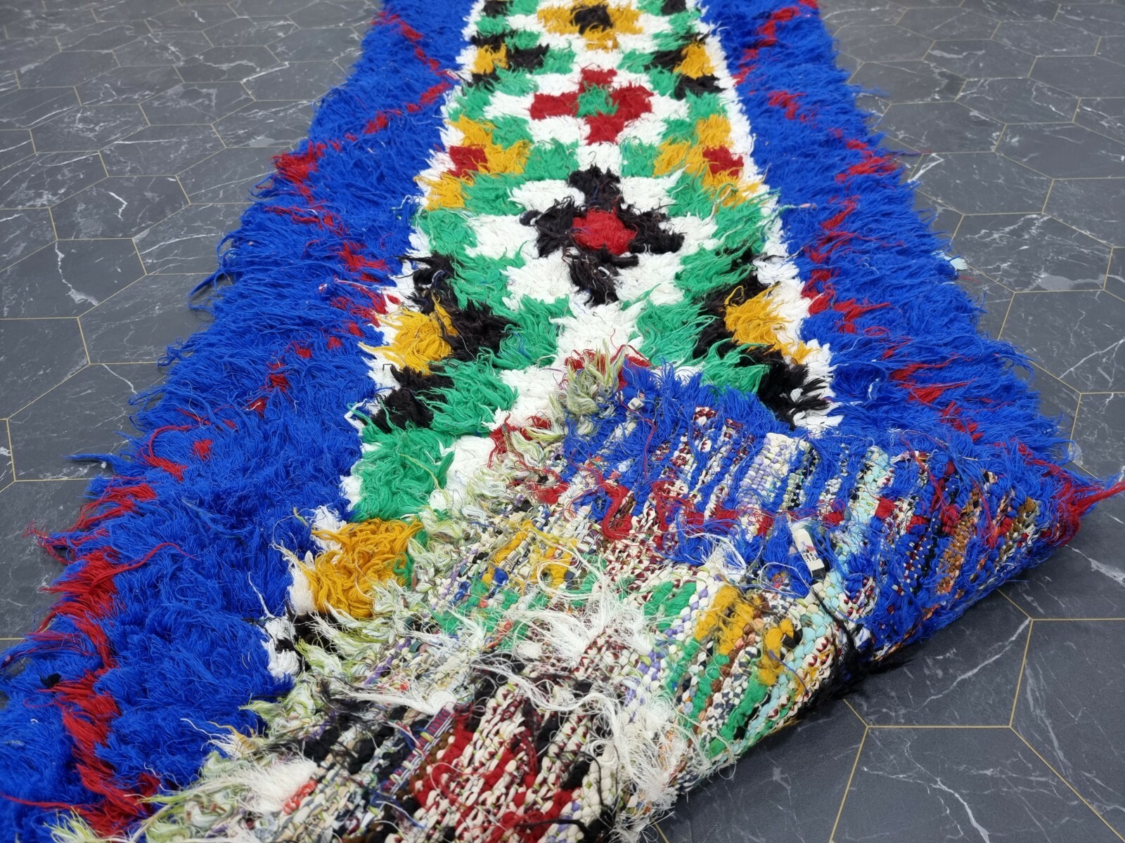 Moroccan Handmade Vintage Rug 2’2″x11′ Berber Geometric Blue Green Carpet