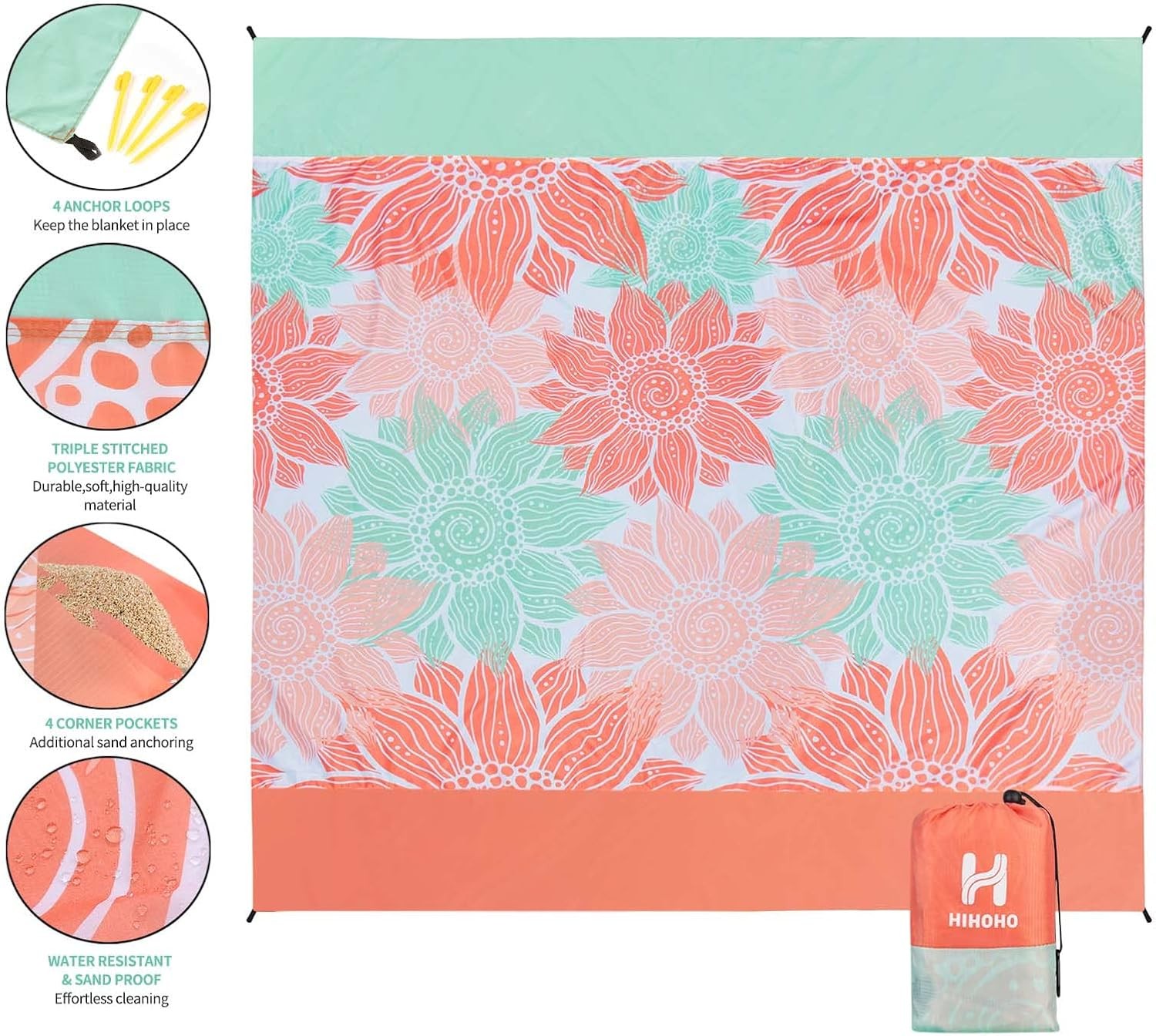 Beach Blanket Waterproof Sandproof Extra 79″ X 83″（1~3 person）, Pink Flower
