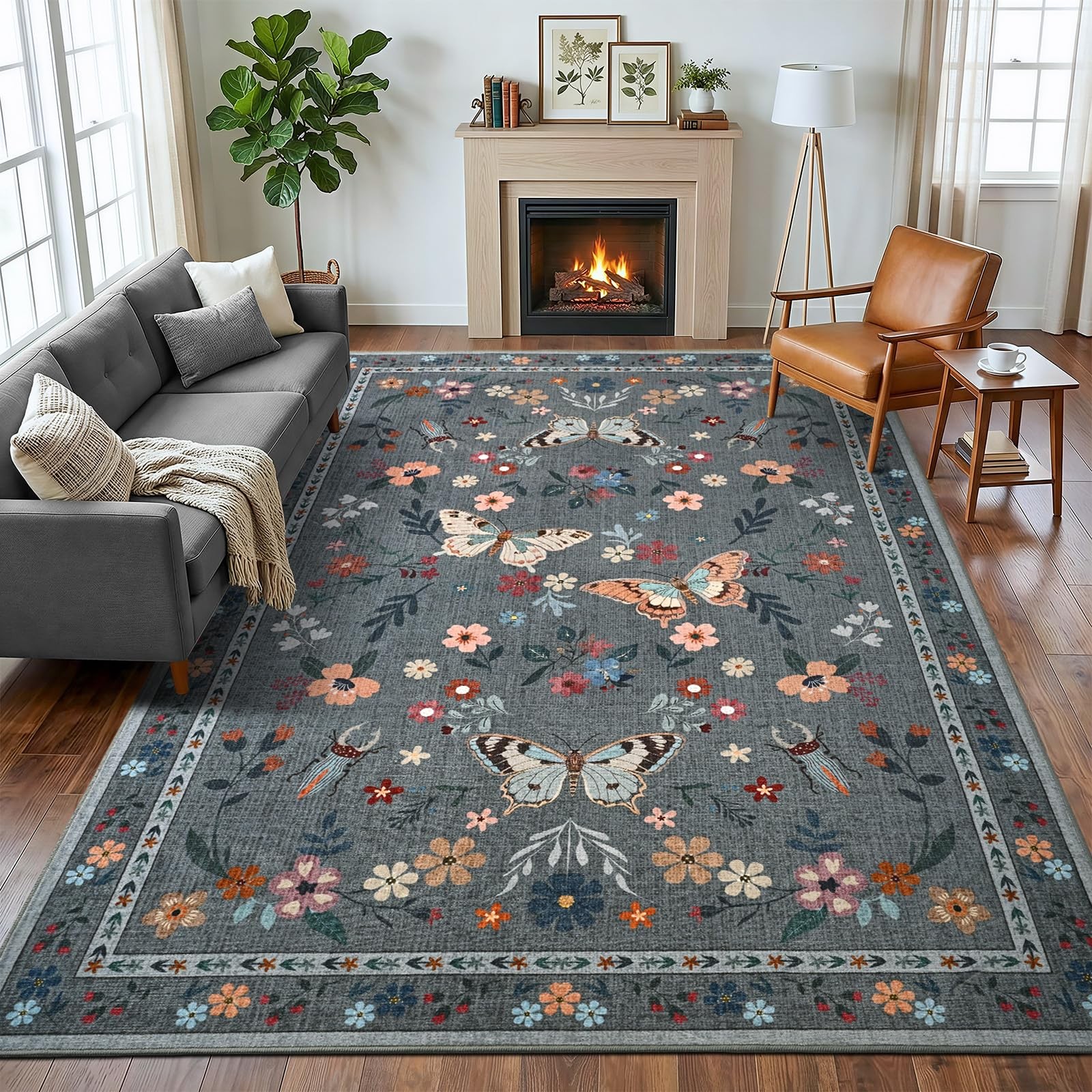 5×7 Area Rugs for Living Room Bedroom, Washable Butterfly Floral Insect Print…