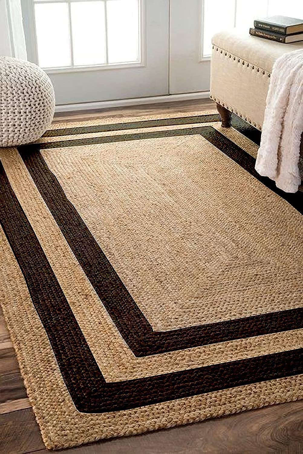 100% Natural jute braided area rugs handmade home decor bordered boho carpet mat